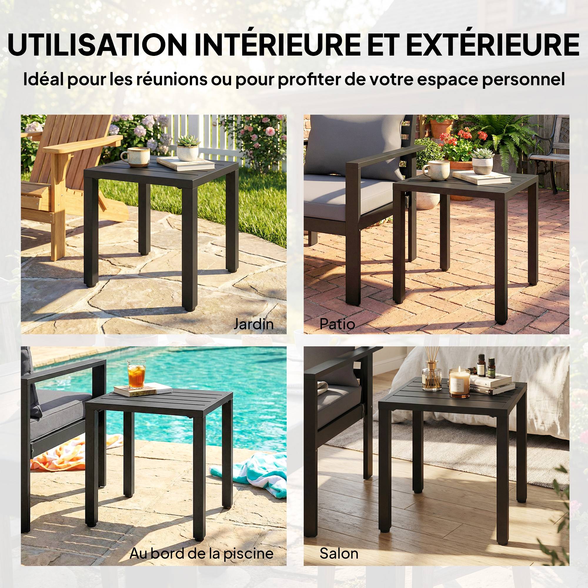 Table de jardin carrée, table de terrasse, cadre en métal, intérieur et extérieur, pour balcon, porche, patio, noir - Image 10
