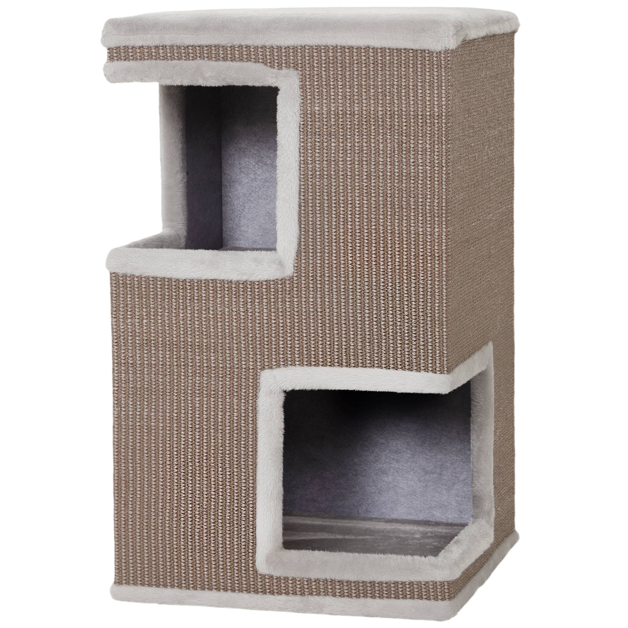 ComfortXL - Griffoir tonneau pour chat aggloméré et peluche 40 x 40 x 67 cm gris 3 niveaux avec 2 niches en sisal - Image 2