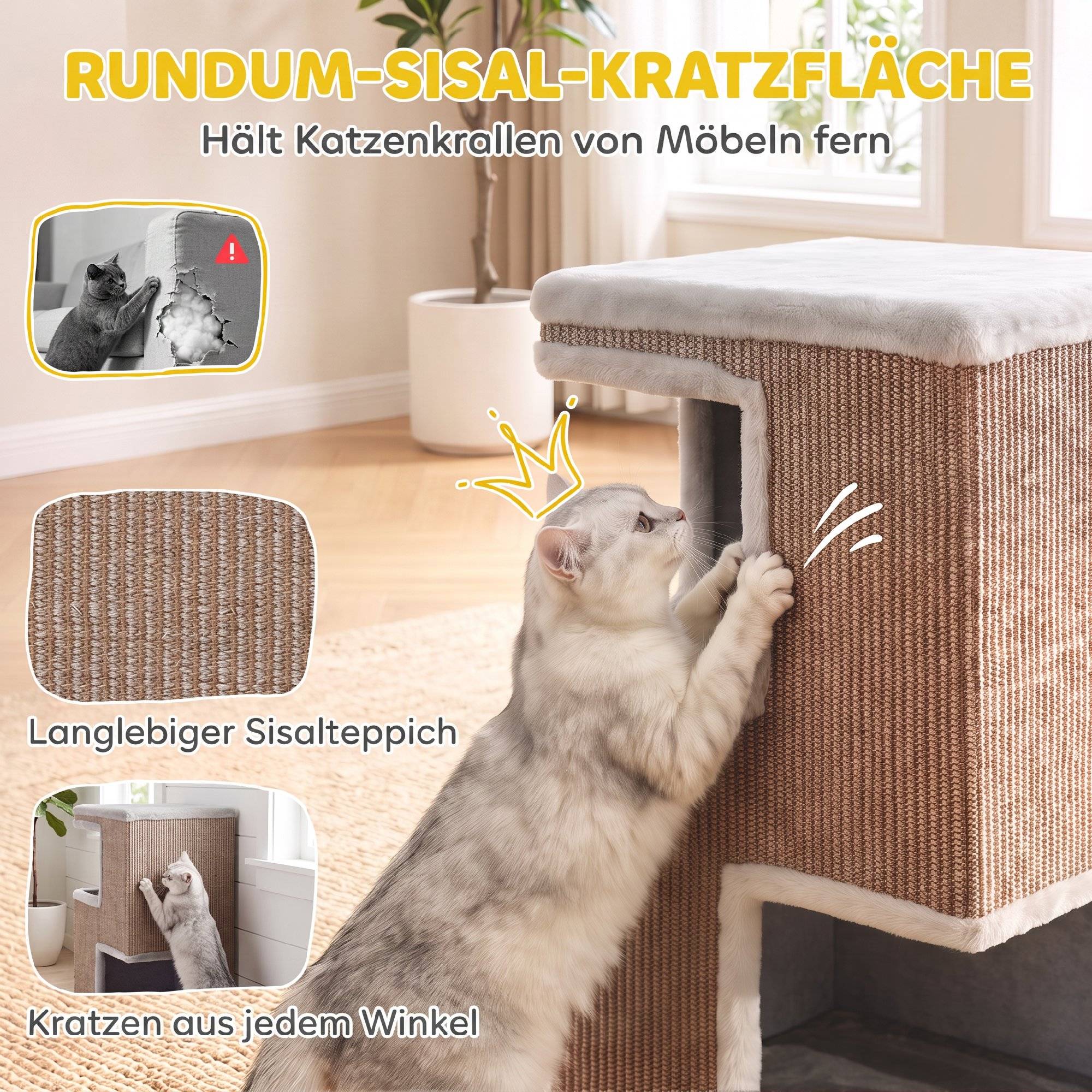 ComfortXL - Griffoir tonneau pour chat aggloméré et peluche 40 x 40 x 67 cm gris 3 niveaux avec 2 niches en sisal - Image 5