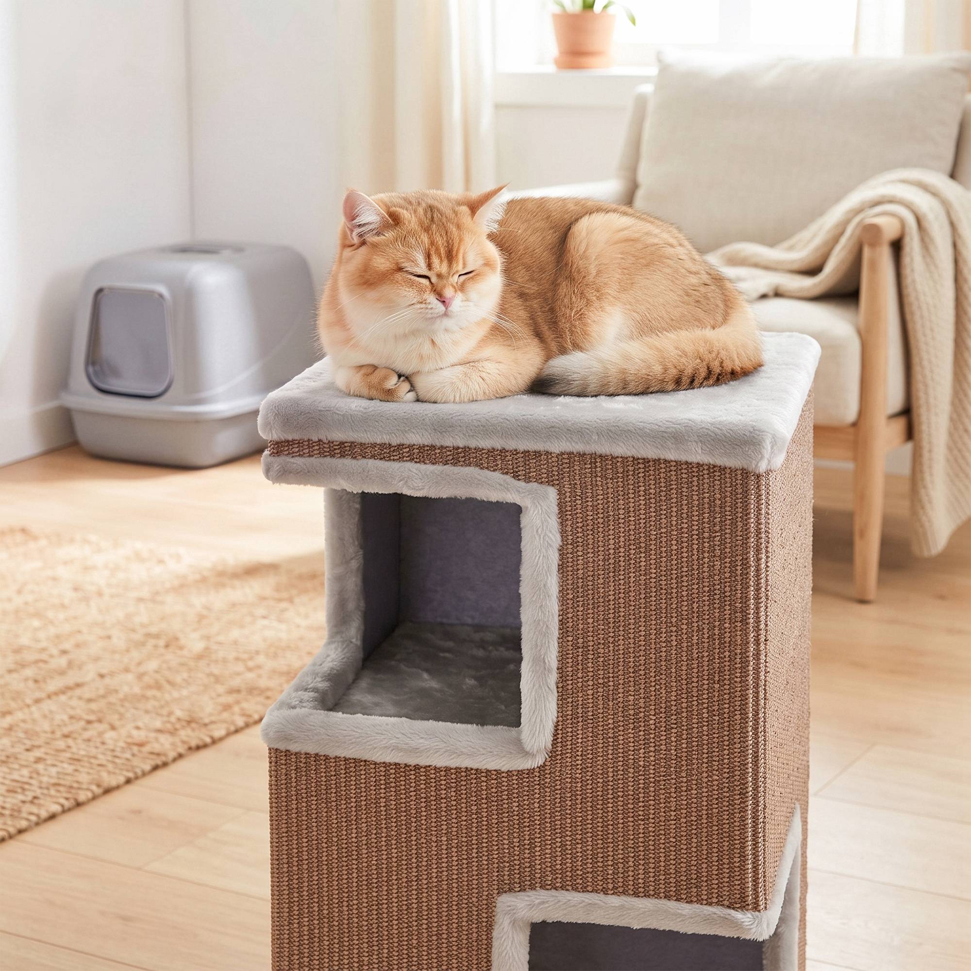 ComfortXL - Griffoir tonneau pour chat aggloméré et peluche 40 x 40 x 67 cm gris 3 niveaux avec 2 niches en sisal - Image 9