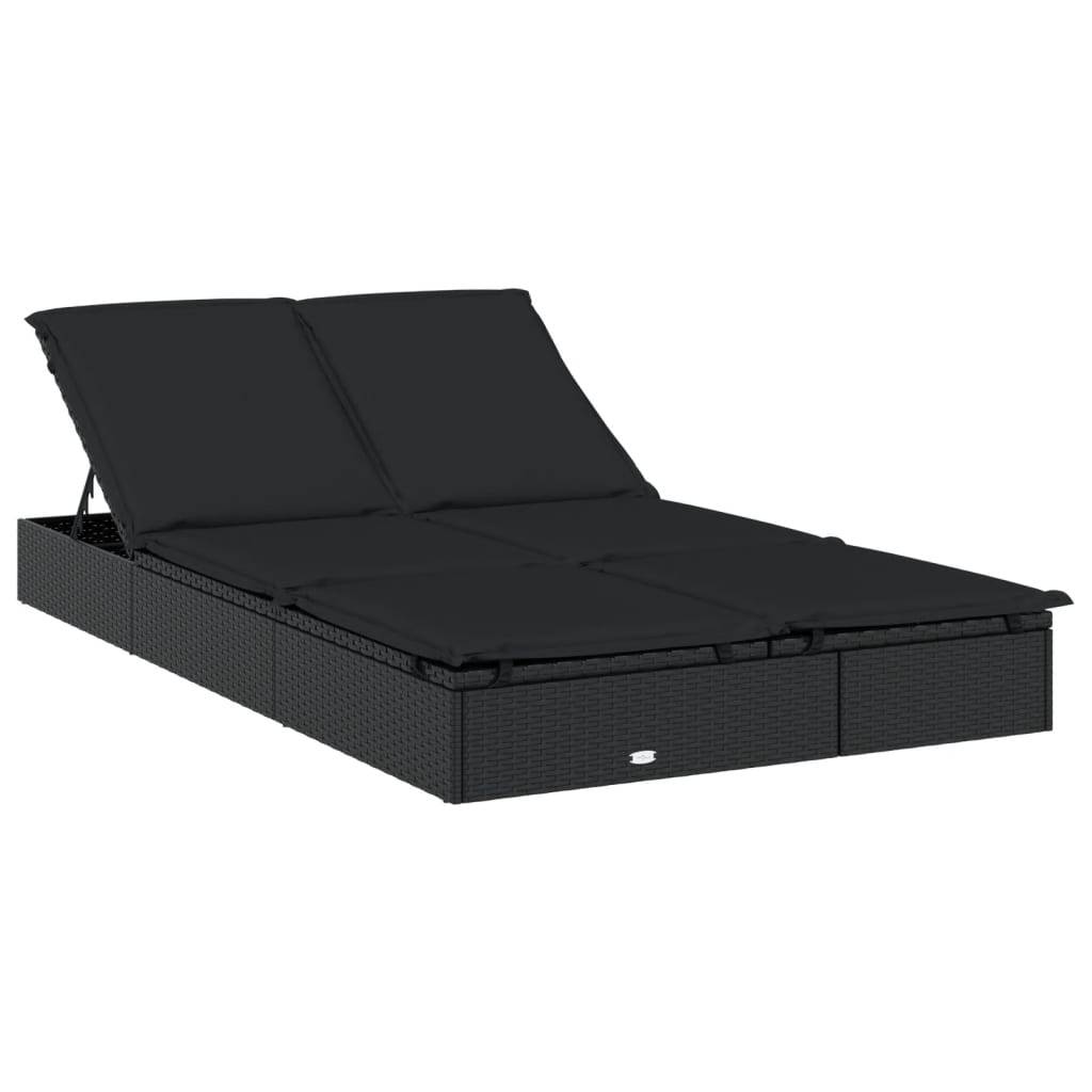 Helloshop26 - Transat chaise longue bain de soleil lit de jardin terrasse meuble d'extérieur à 2 places avec coussins noir résine tressée - Image 1