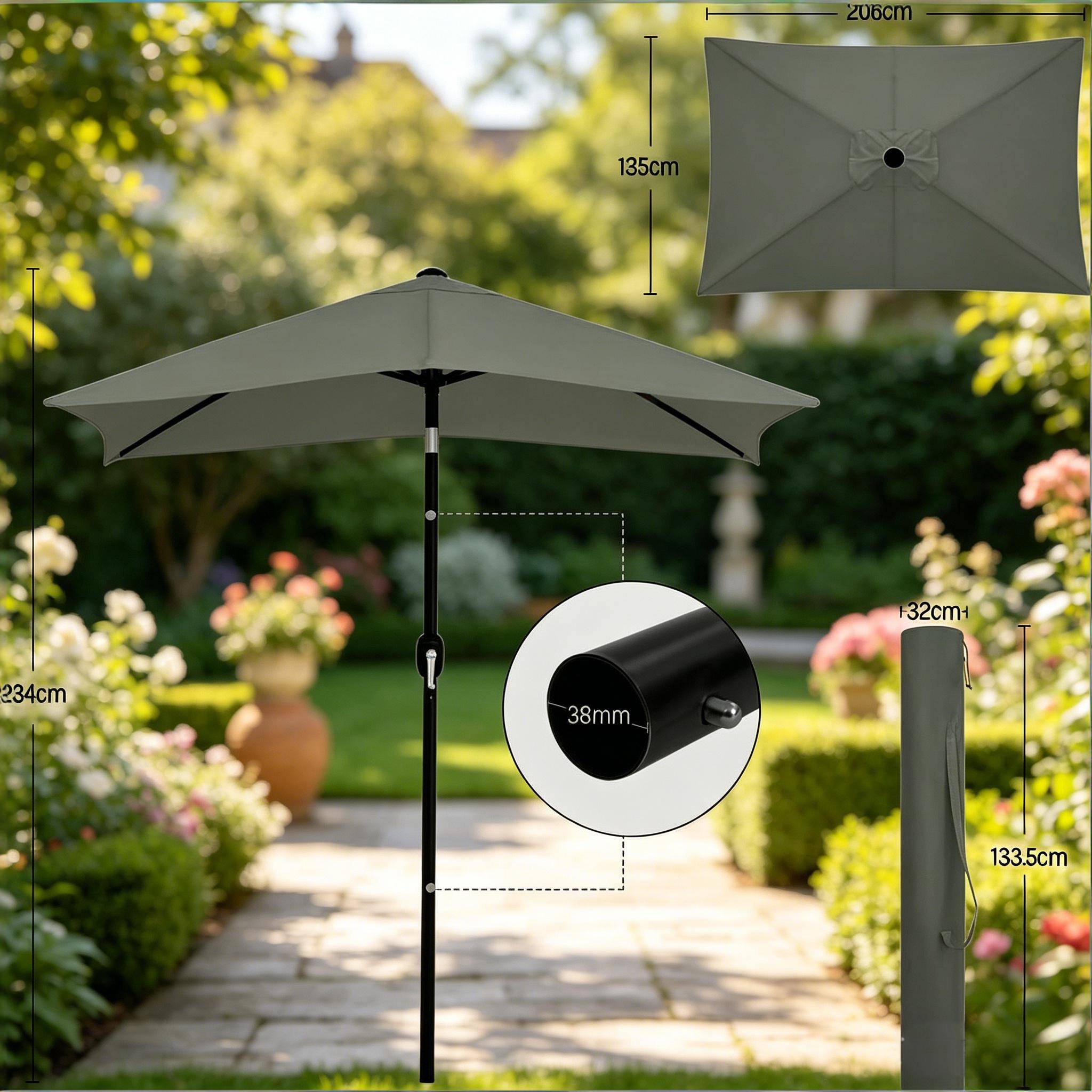ComfortXL - Parasol de balcon rectangulaire polyester inclinable avec manivelle 206x135cm Gris Foncé - ComfortXL Outdoor Living - Image 8