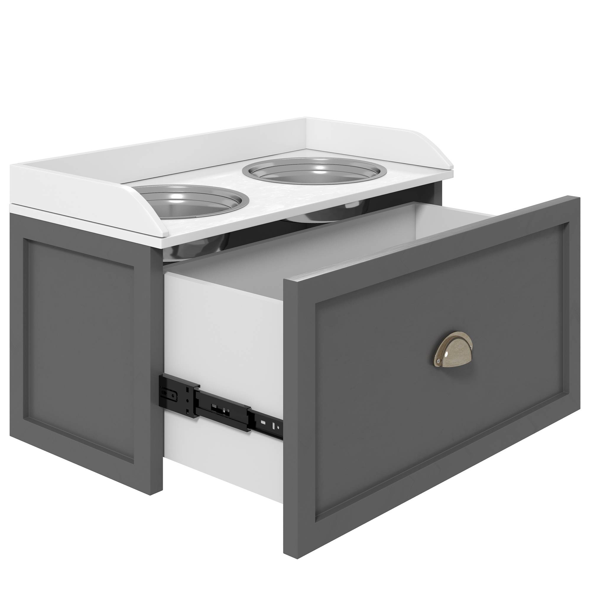Gamelle double chien chat - porte-gamelles surélevé rangement 2 en 1 - tiroir, 2 gamelles - acier inox. MDF blanc gris - Image 9