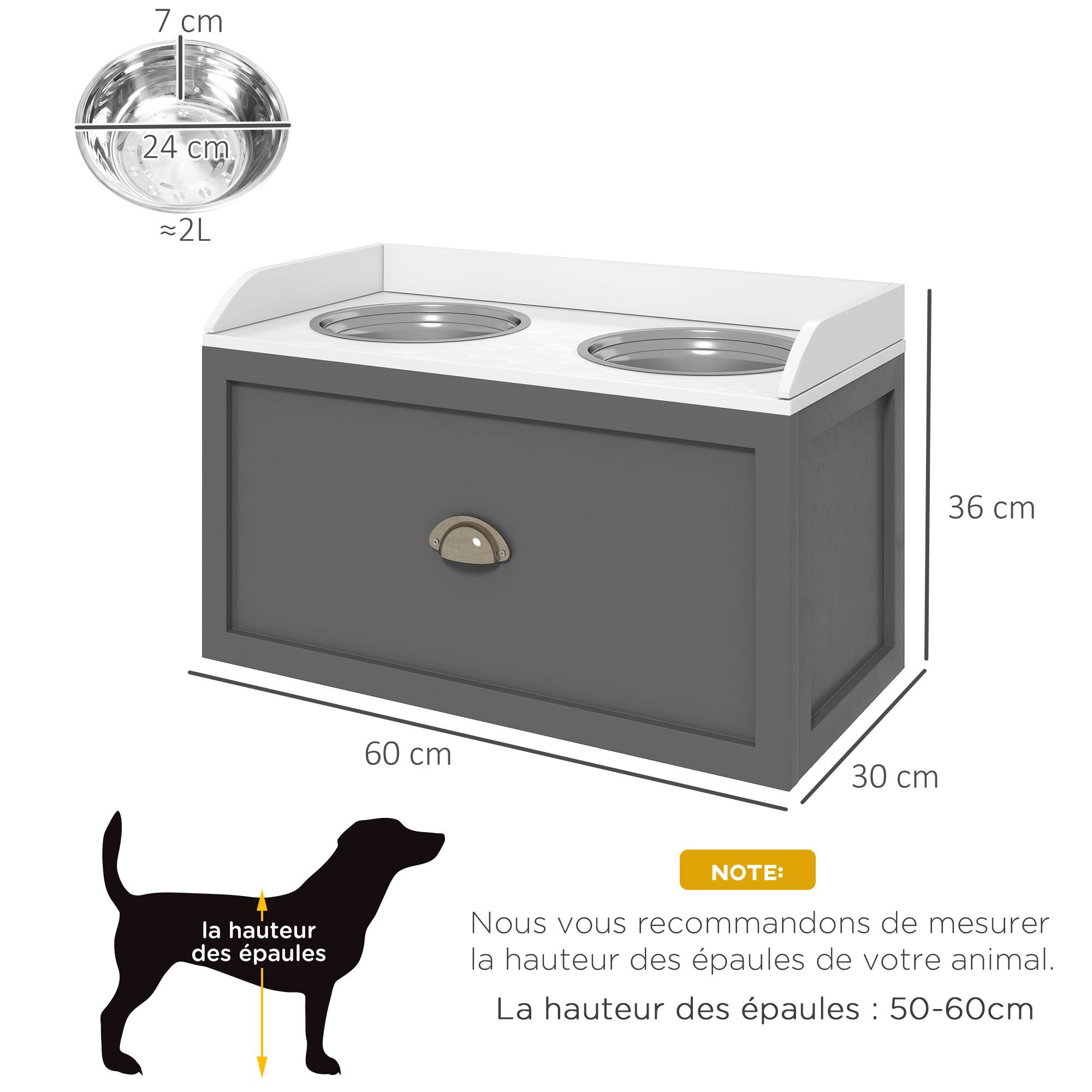 Gamelle double chien chat - porte-gamelles surélevé rangement 2 en 1 - tiroir, 2 gamelles - acier inox. MDF blanc gris - Image 5