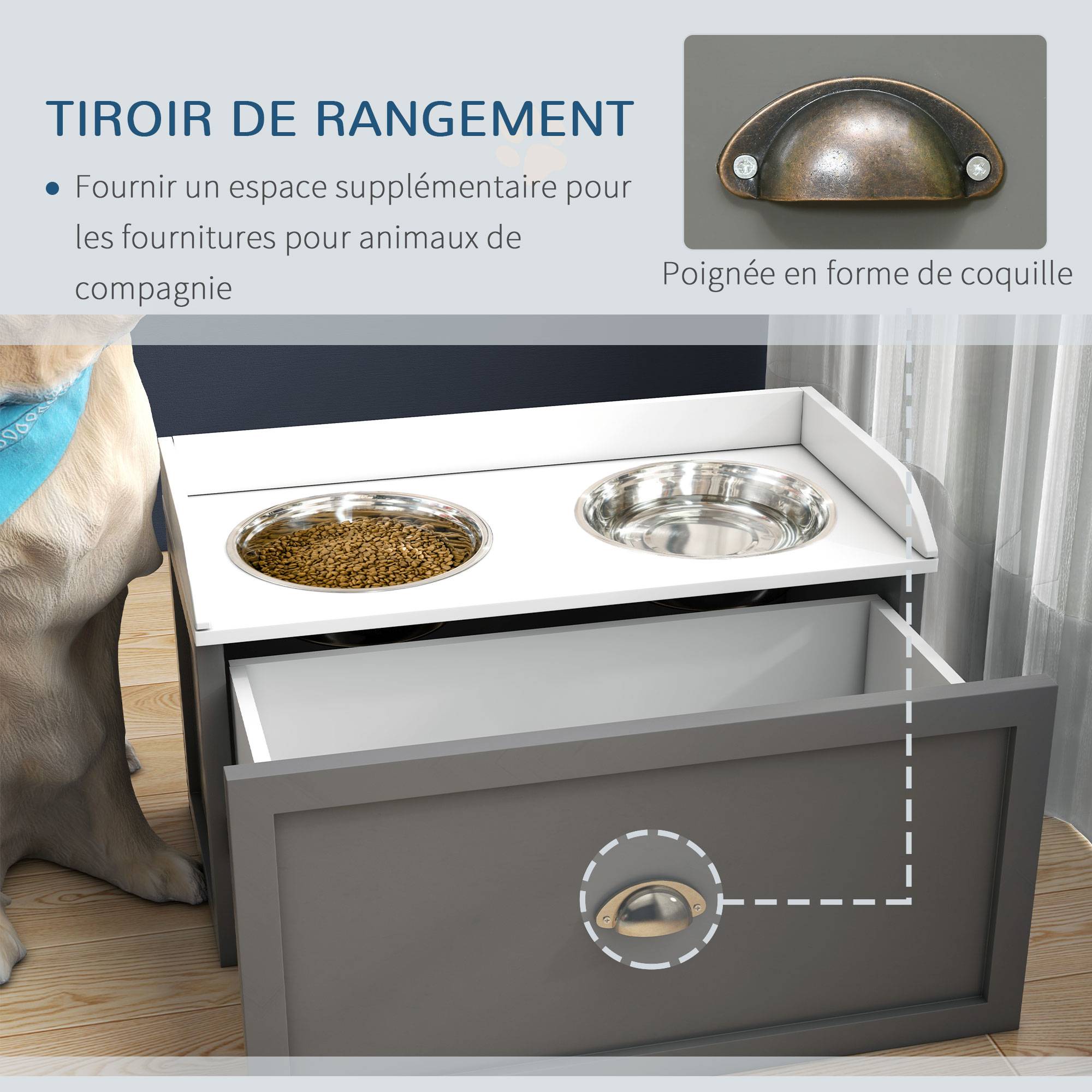 Gamelle double chien chat - porte-gamelles surélevé rangement 2 en 1 - tiroir, 2 gamelles - acier inox. MDF blanc gris - Image 7