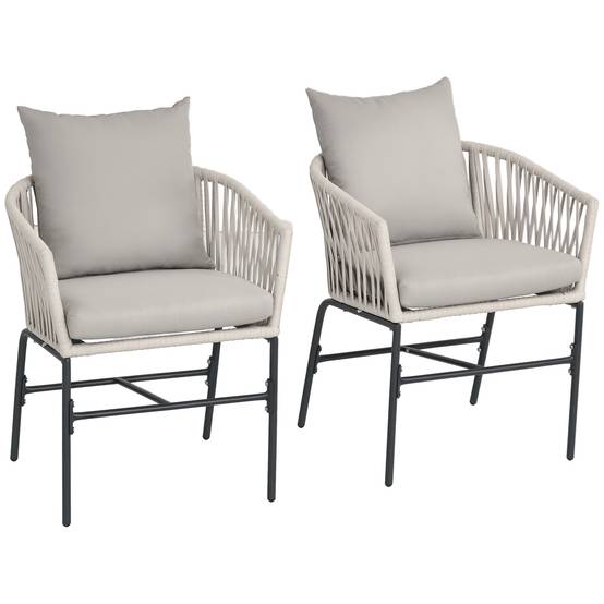 Ensemble de 2 chaises de terrasse, style bohème, coque d'assise confortable, coussins d'assise, housse lavable, structure en métal, beige - Image 1