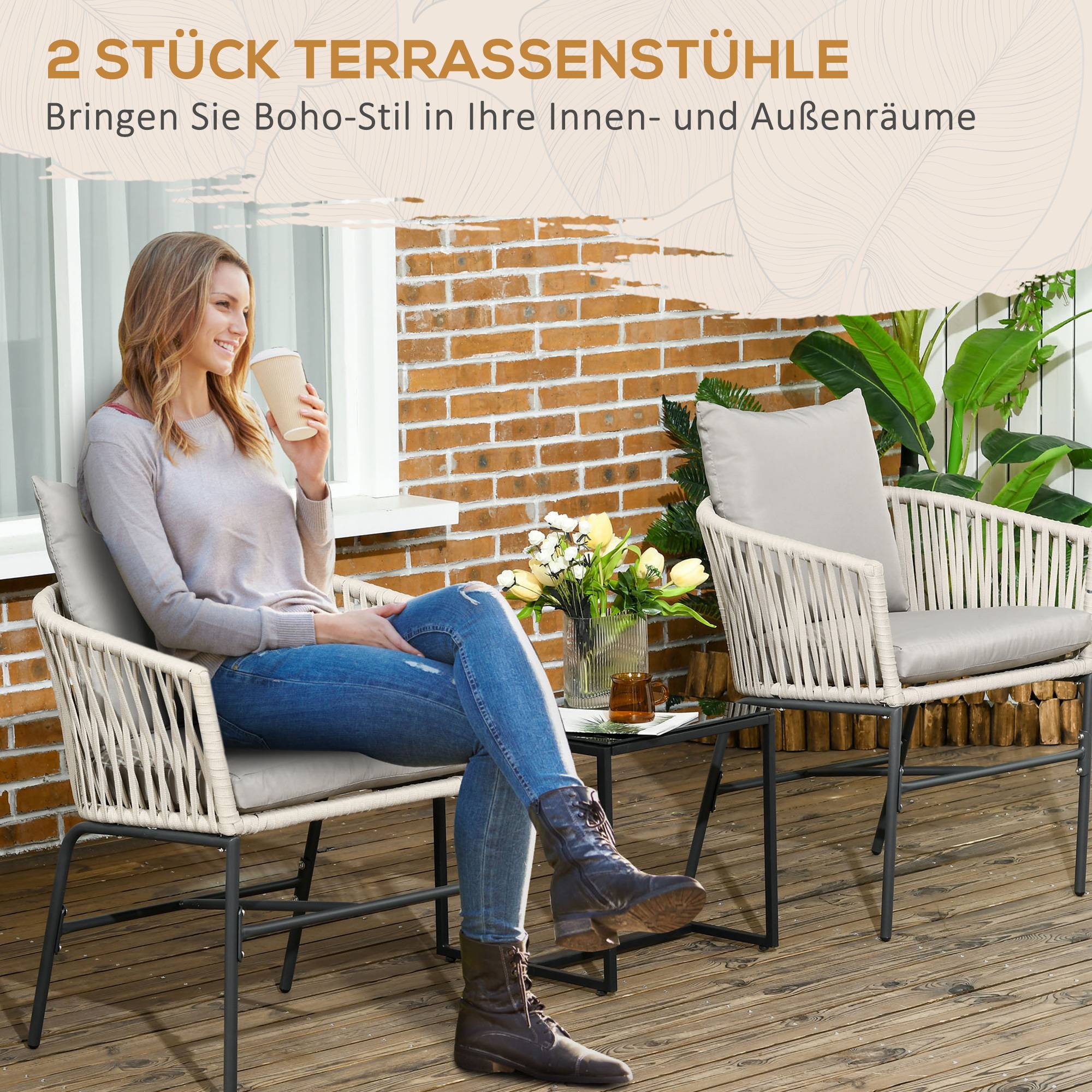 Ensemble de 2 chaises de terrasse, style bohème, coque d'assise confortable, coussins d'assise, housse lavable, structure en métal, beige - Image 6