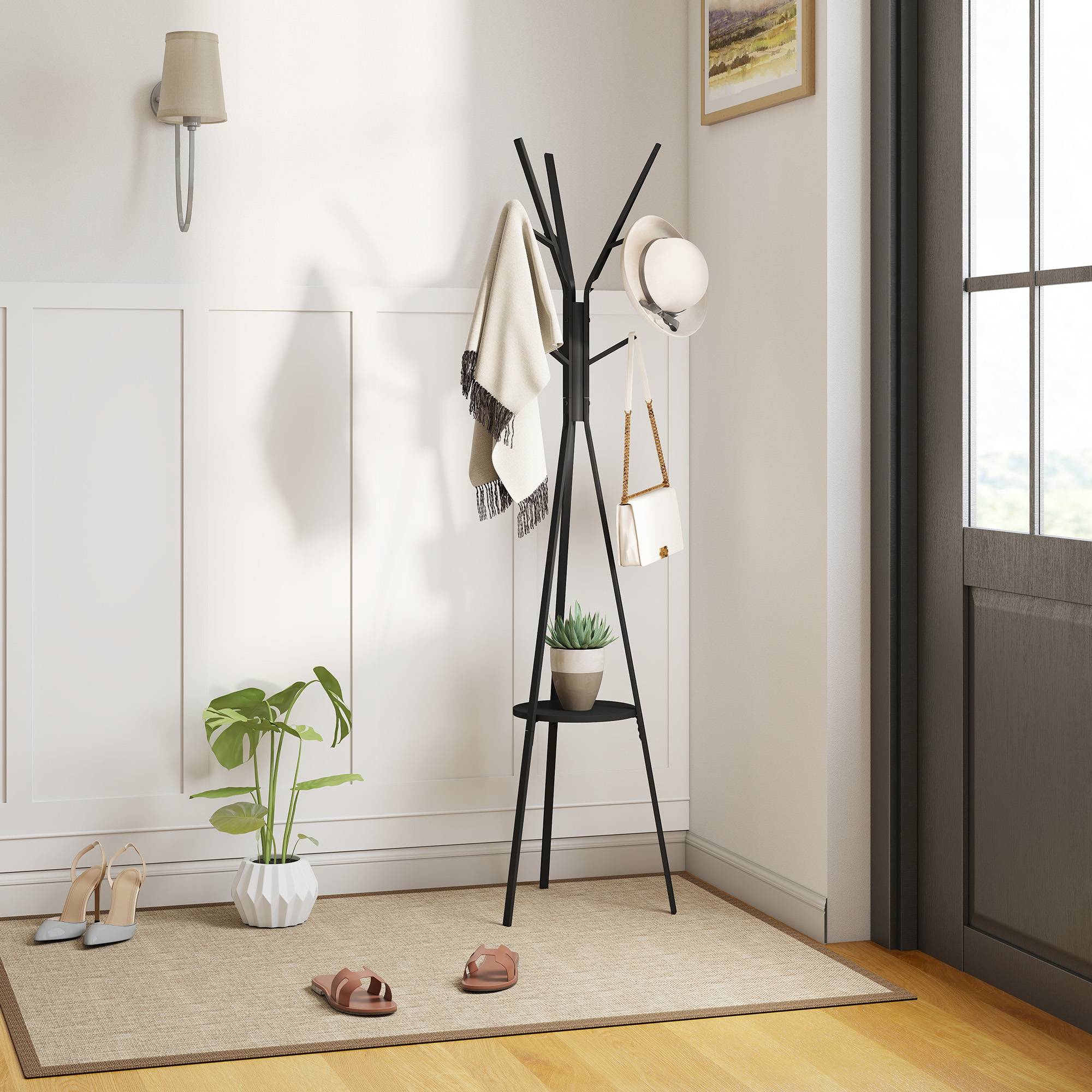 Sans Marque - Porte-manteau avec étagère et 8 crochets, armoire moderne pour vêtements, chapeaux, sacs, salon, noir - Image 4