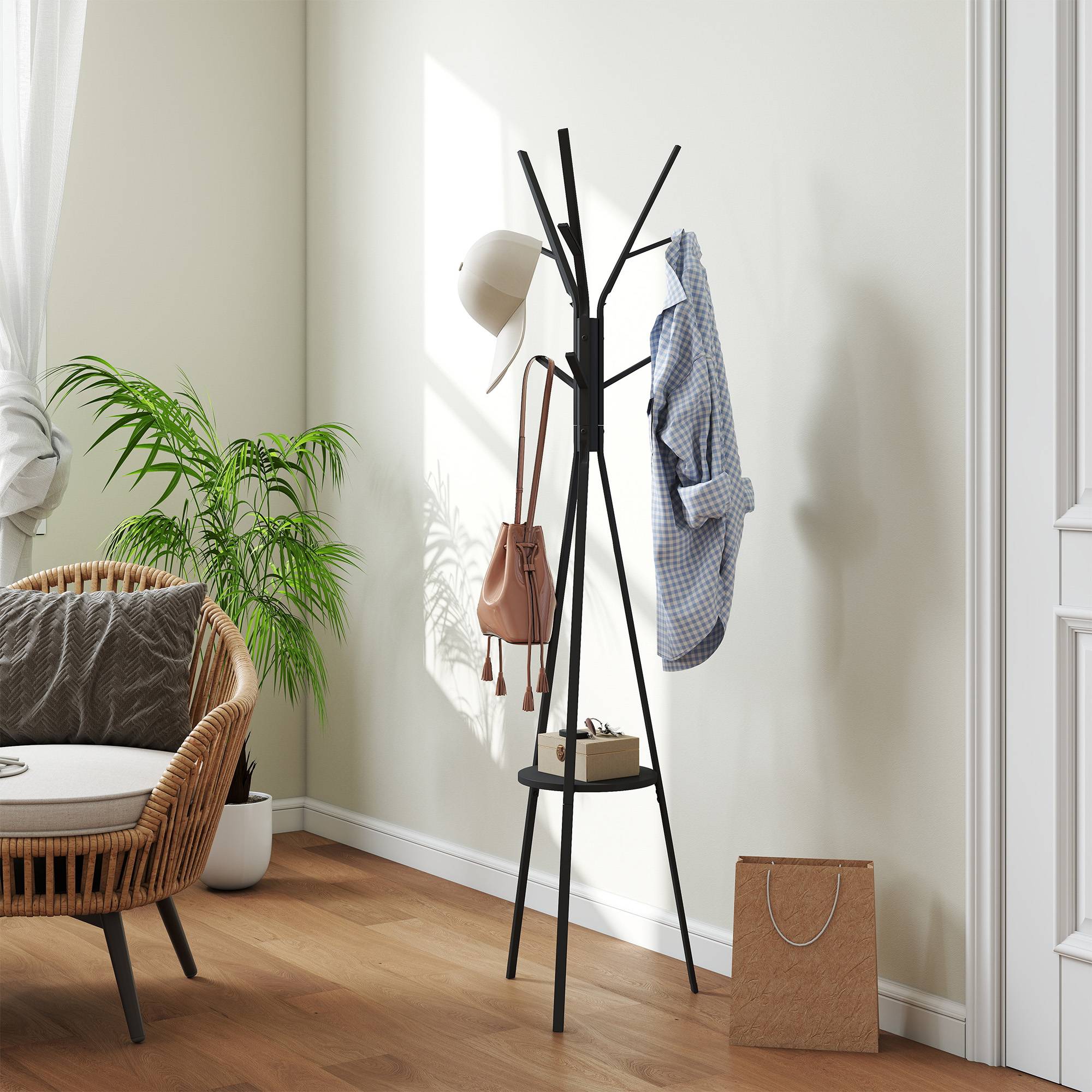Sans Marque - Porte-manteau avec étagère et 8 crochets, armoire moderne pour vêtements, chapeaux, sacs, salon, noir - Image 9