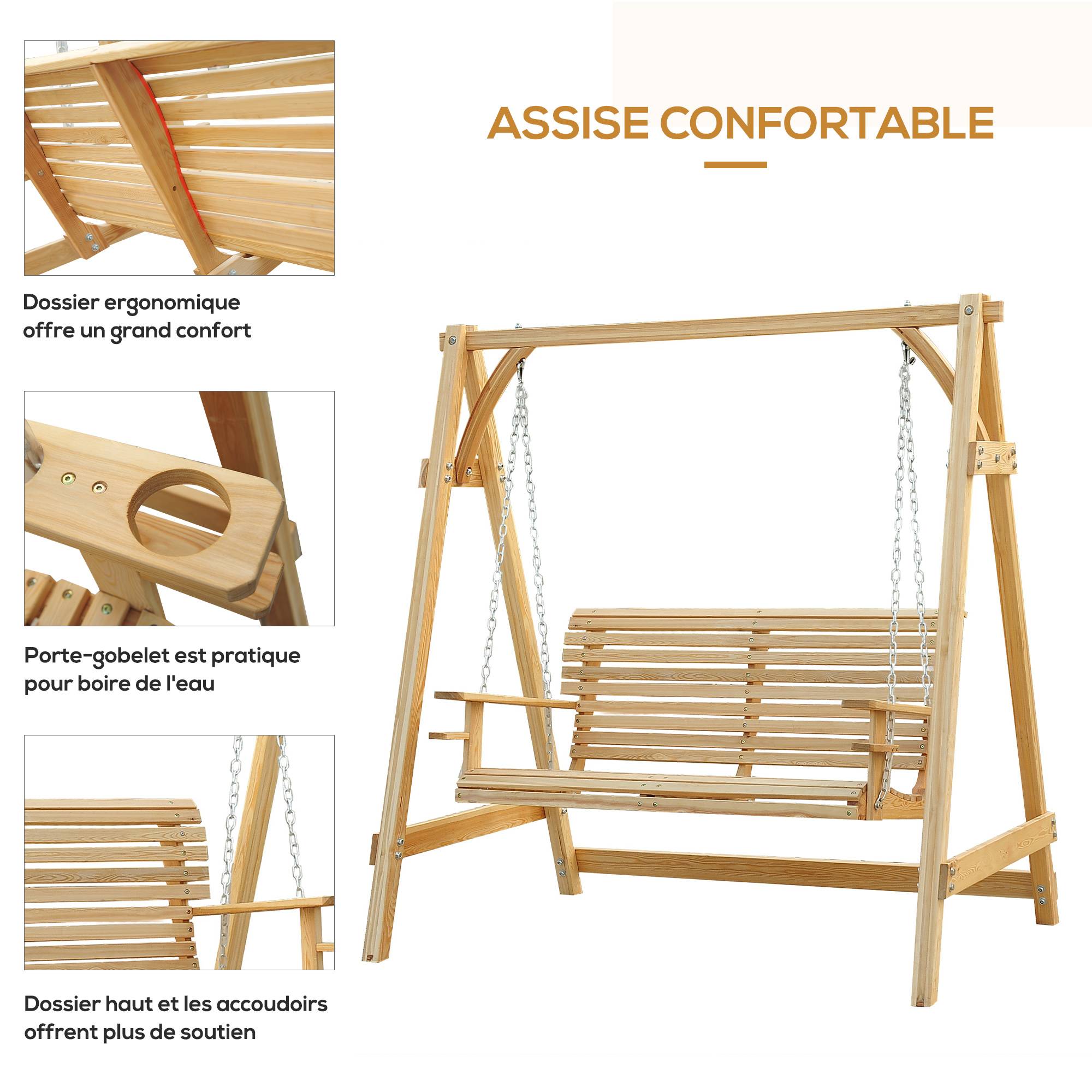 Outsunny - Balancelle de jardin 2 places dim. 1,8L x 1,2l x 1,85H m accoudoirs supports verres bois de mélèze pré-huilé - Outsunny - Image 5