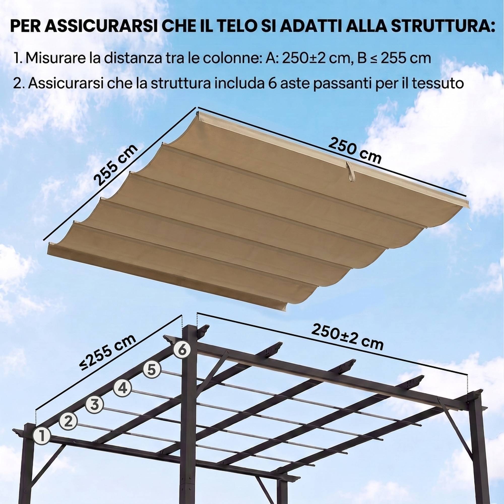 Toit gazebo pergola 10 trous drainage polyester, 250x255 cm, pergola 3x3 m, marron clair - Image 6