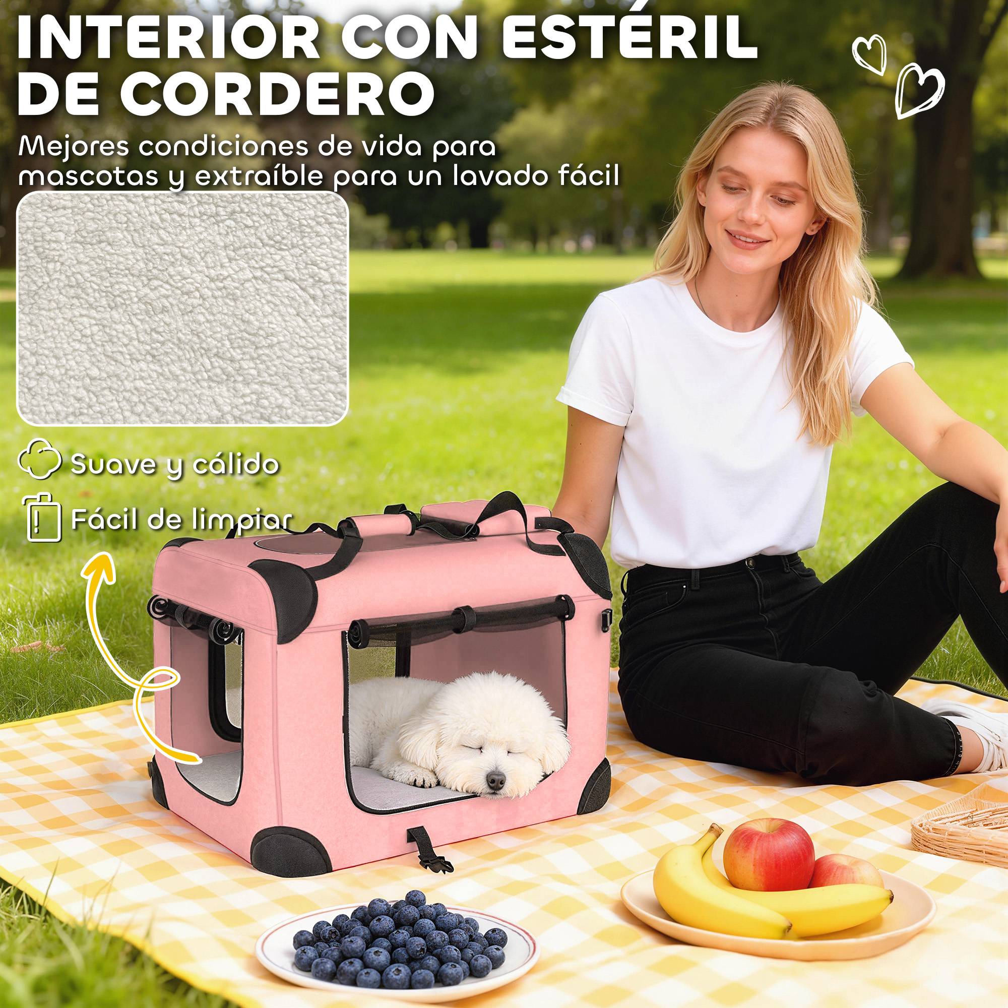 Sac de transport pliable pour chiens et chats (60 x 41,5 x 41 cm) avec fenêtres en filet, coussin moelleux et 2 poignées, rose. - Image 6
