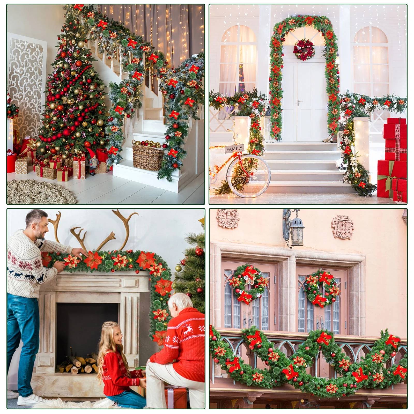 Guirlande de Noël 150 cm avec lumières LED, décoration de Noël, couronne de Noël artificielle avec fleurs, décorations pour sapin de Noël - Image 5