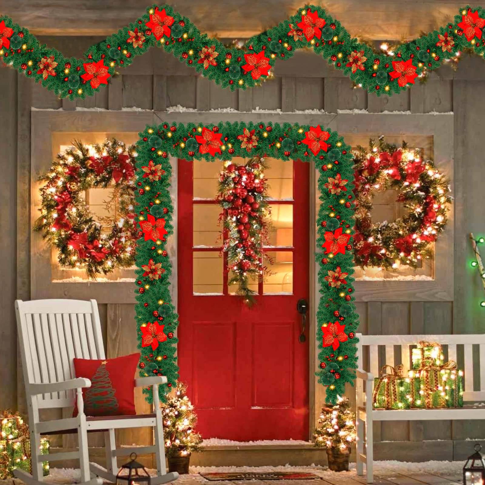 Guirlande de Noël 150 cm avec lumières LED, décoration de Noël, couronne de Noël artificielle avec fleurs, décorations pour sapin de Noël - Image 2