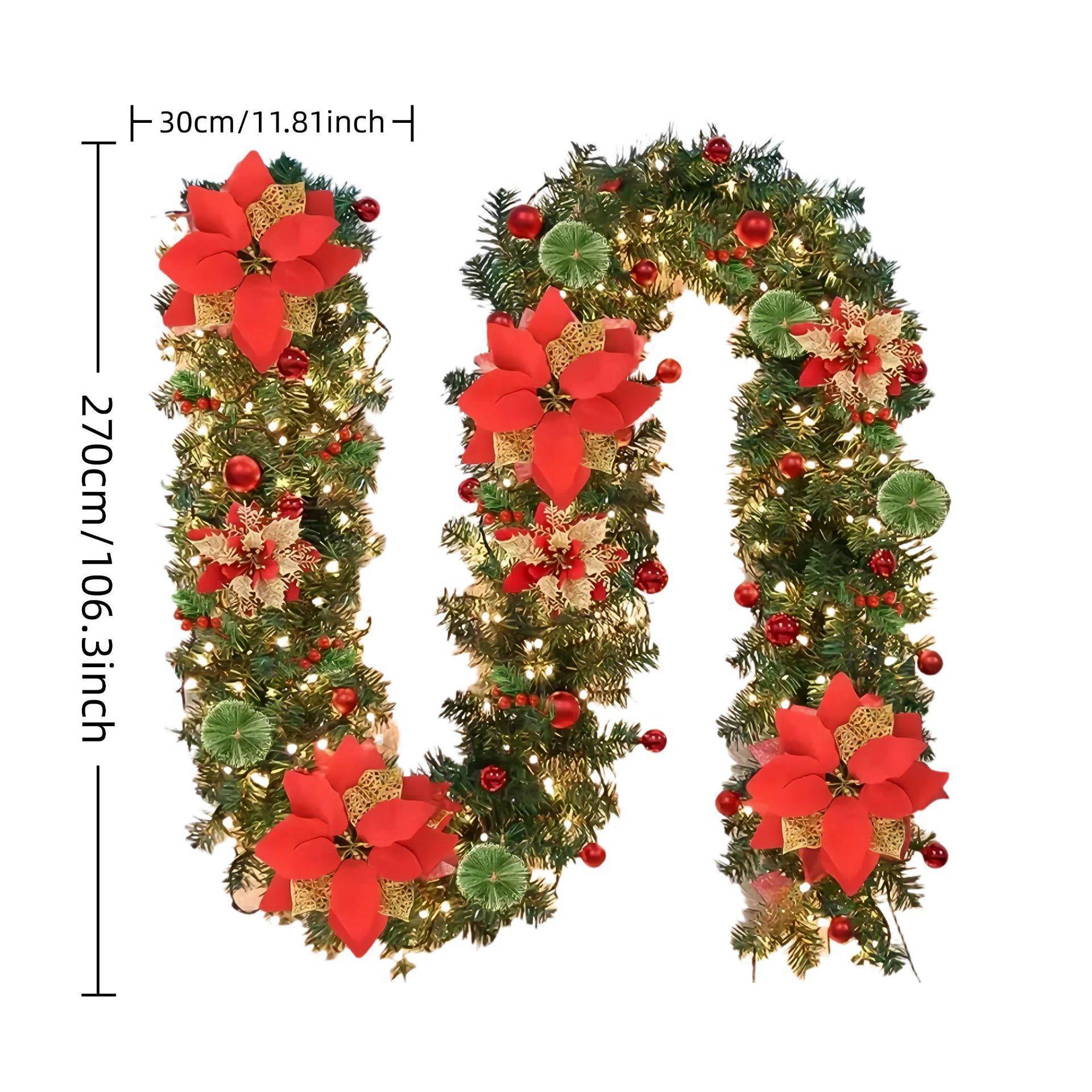 Guirlande de Noël 150 cm avec lumières LED, décoration de Noël, couronne de Noël artificielle avec fleurs, décorations pour sapin de Noël - Image 4