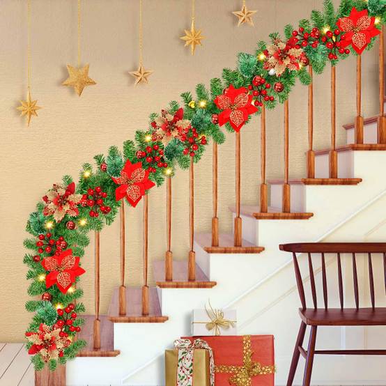 Guirlande de Noël 150 cm avec lumières LED, décoration de Noël, couronne de Noël artificielle avec fleurs, décorations pour sapin de Noël - Image 8