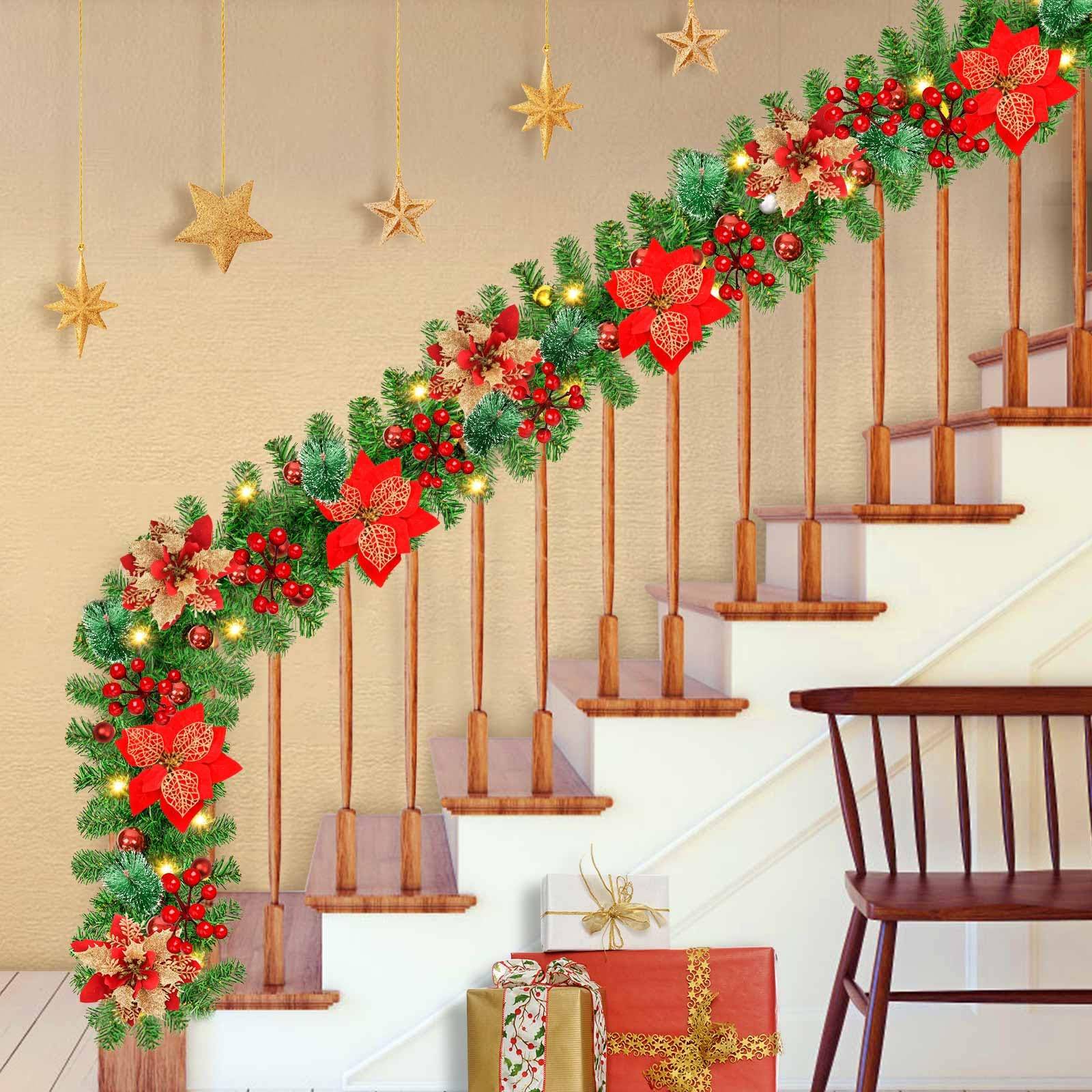 Guirlande de Noël 150 cm avec lumières LED, décoration de Noël, couronne de Noël artificielle avec fleurs, décorations pour sapin de Noël - Image 8