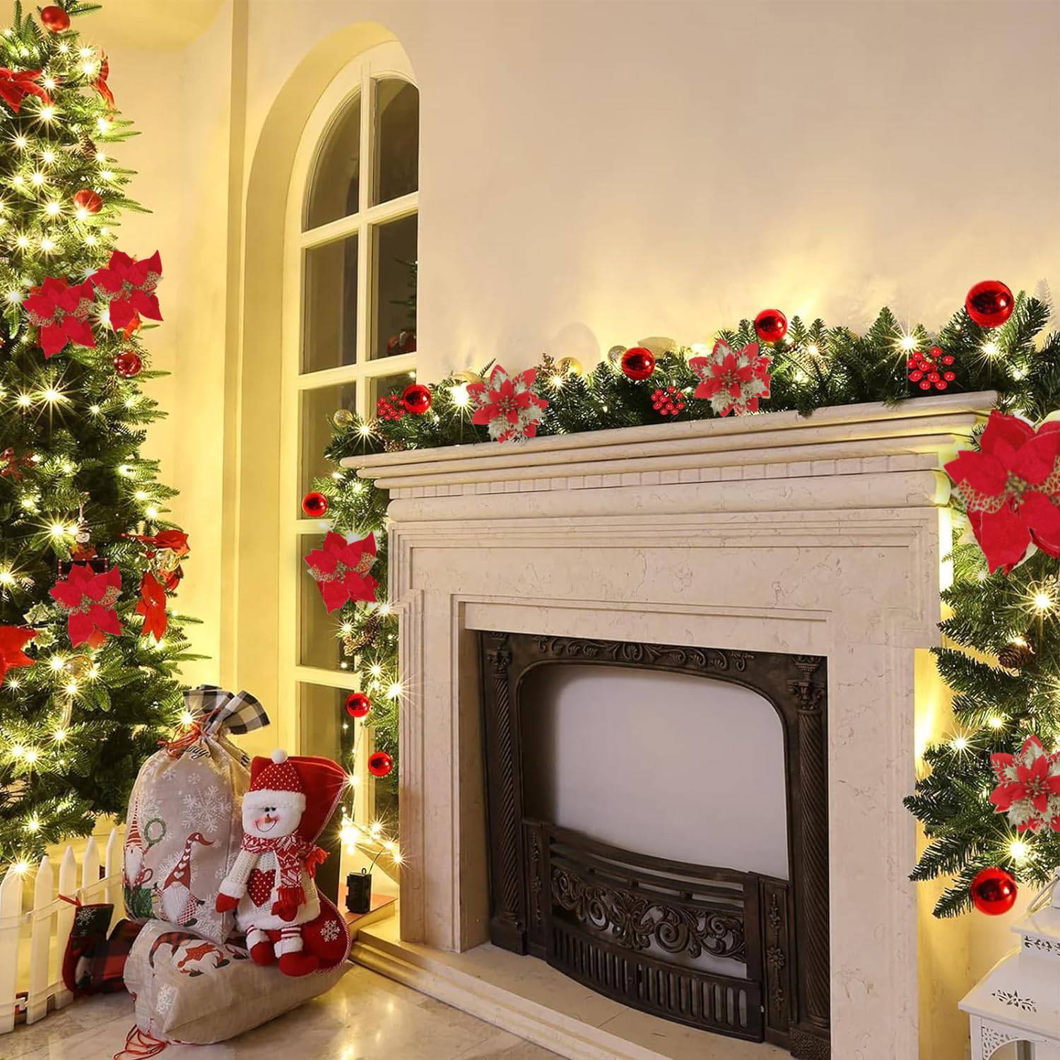 Guirlande de Noël 150 cm avec lumières LED, décoration de Noël, couronne de Noël artificielle avec fleurs, décorations pour sapin de Noël - Image 6