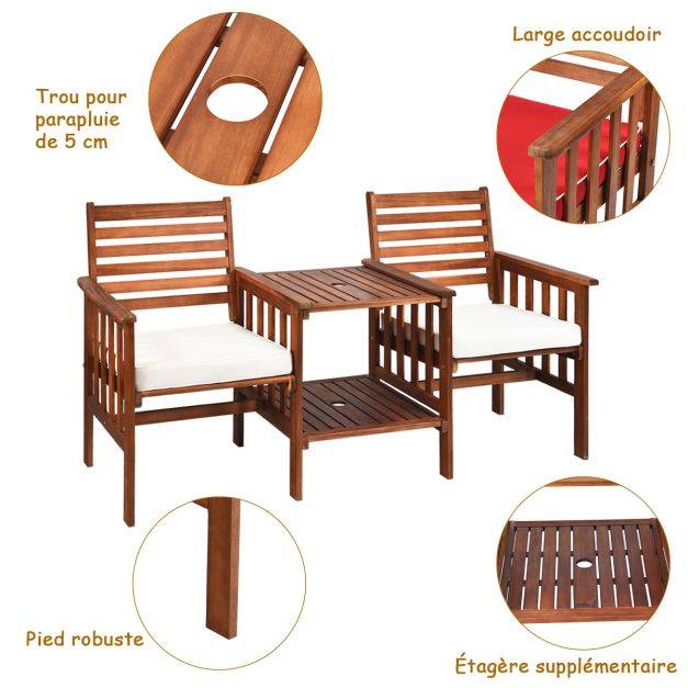 Salon de jardin en bois d’acacia 2 personnes charge 160kg ensemble de meubles avec table basse 2 chaises et coussin trou de parasol de 5cm - Image 3