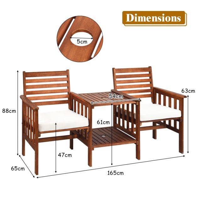 Salon de jardin en bois d’acacia 2 personnes charge 160kg ensemble de meubles avec table basse 2 chaises et coussin trou de parasol de 5cm - Image 4
