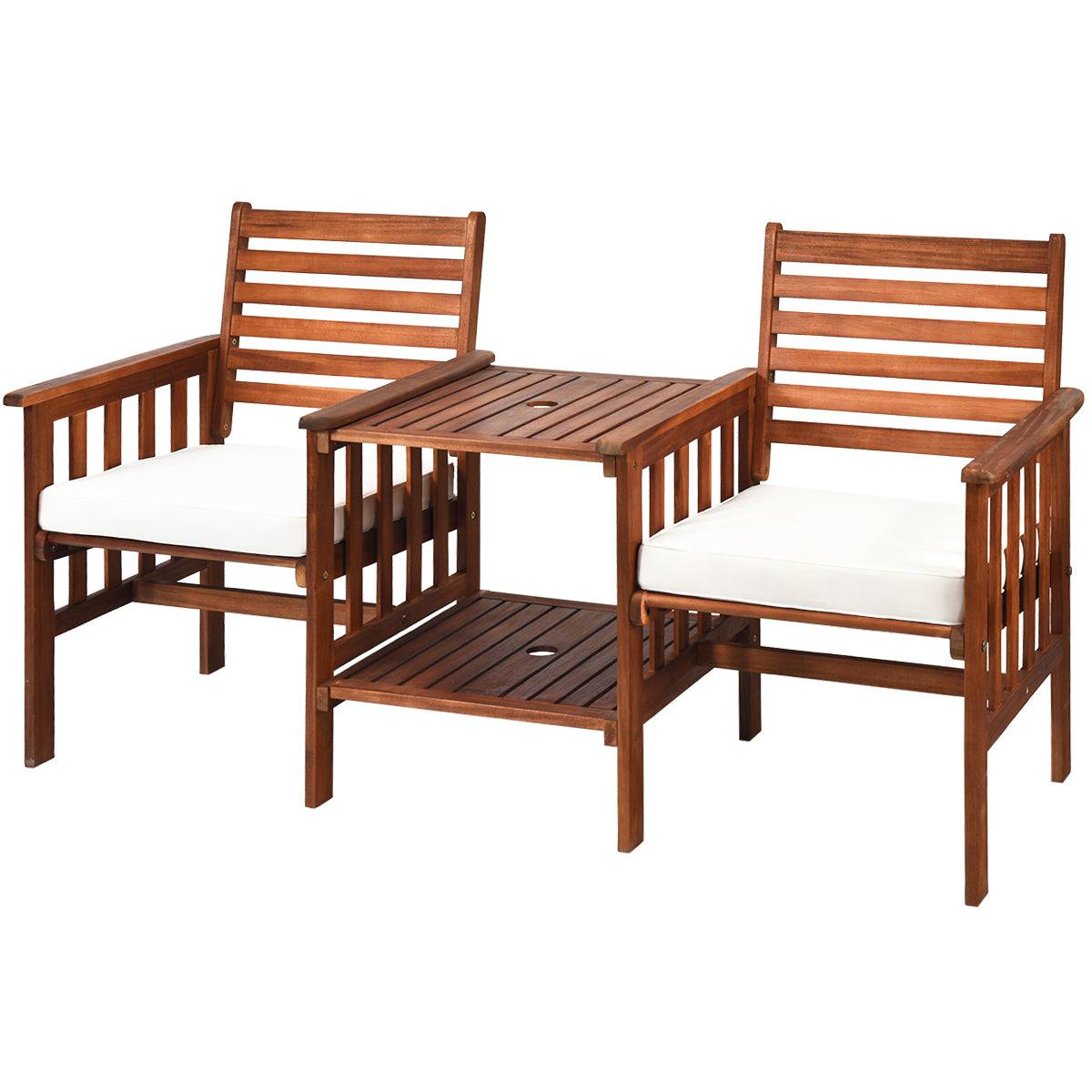 Salon de jardin en bois d’acacia 2 personnes charge 160kg ensemble de meubles avec table basse 2 chaises et coussin trou de parasol de 5cm - Image 1