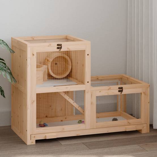 Cage à hamster 2 niveaux en bois avec roue et plateau 81x40x60 cm – ComfortXL Outdoor Living - Image 2