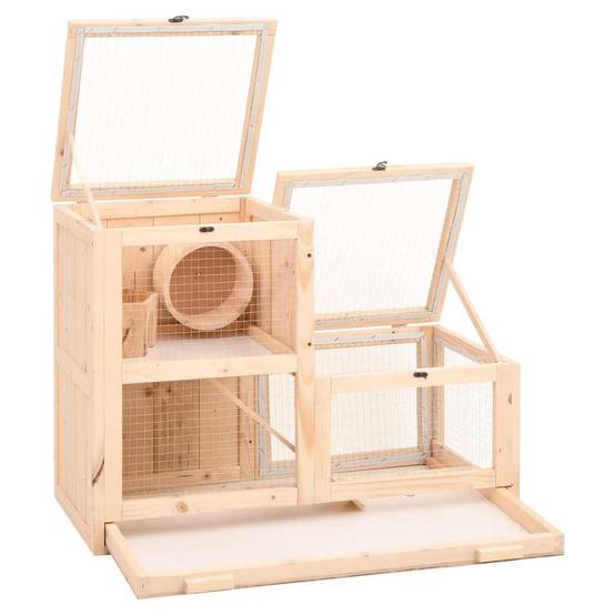 Cage à hamster 2 niveaux en bois avec roue et plateau 81x40x60 cm – ComfortXL Outdoor Living - Image 3