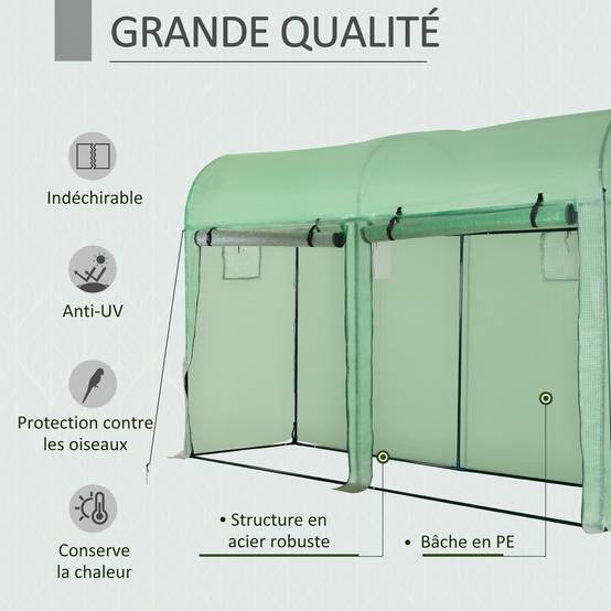 Sans Marque - Serre de jardin Outsunny 3 m² 3x1x2 m PE 140 g/m² UV double porte 4 fenêtres serre potager extérieur verte - Image 6