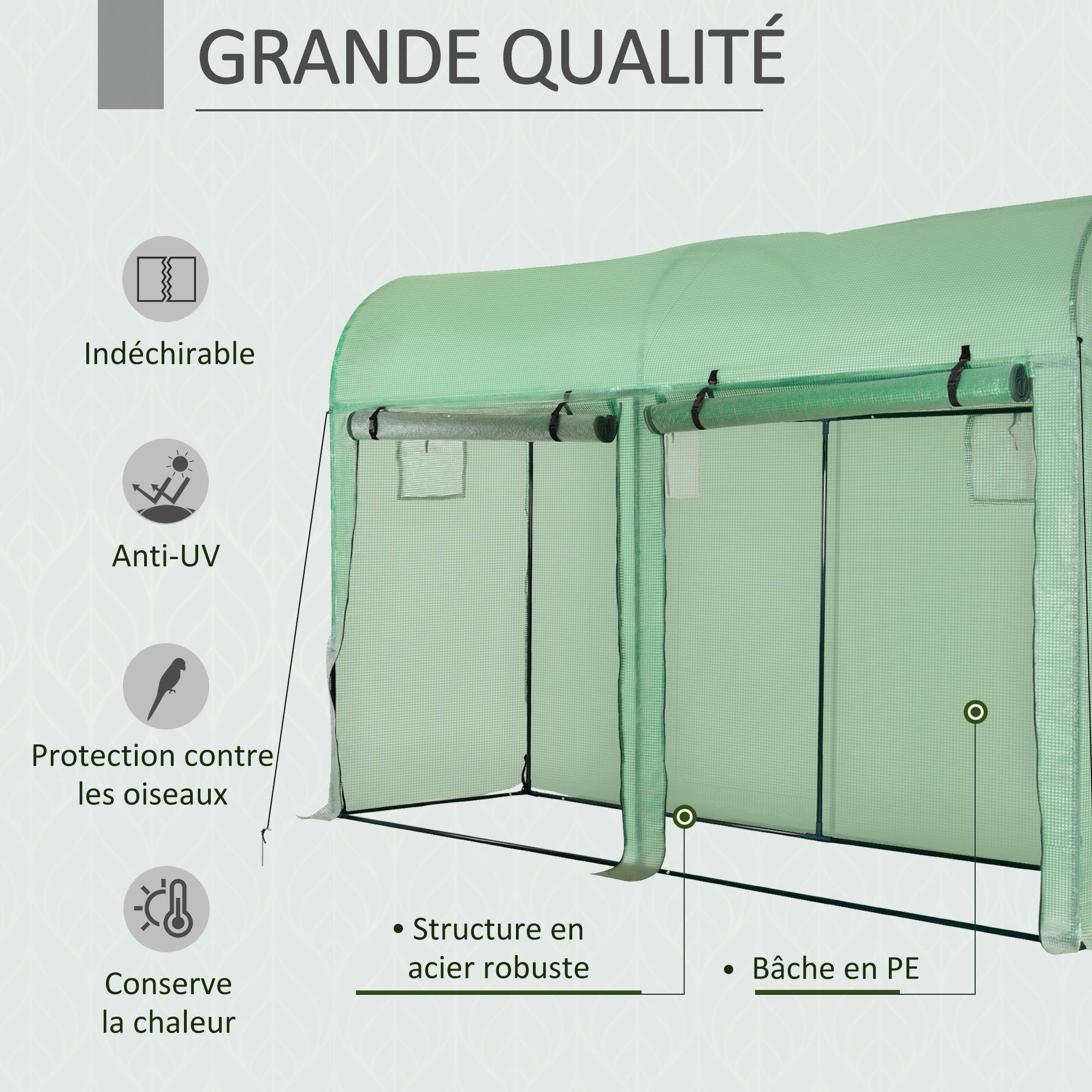 Sans Marque - Serre de jardin Outsunny 3 m² 3x1x2 m PE 140 g/m² UV double porte 4 fenêtres serre potager extérieur verte - Image 6