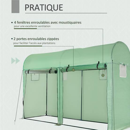 Sans Marque - Serre de jardin Outsunny 3 m² 3x1x2 m PE 140 g/m² UV double porte 4 fenêtres serre potager extérieur verte - Image 7