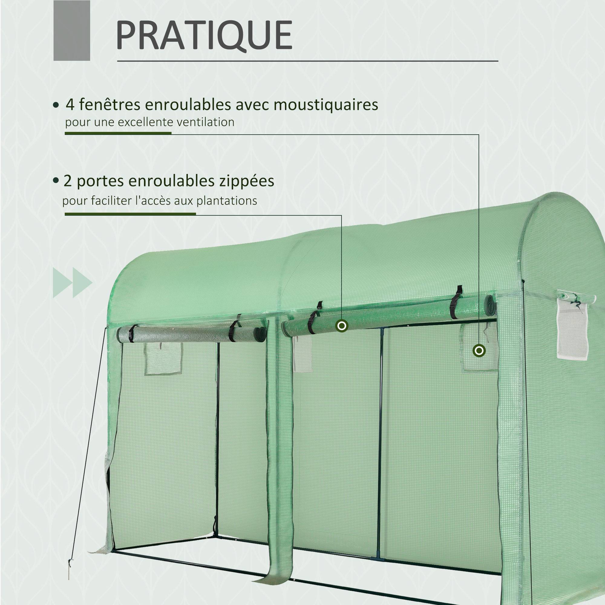 Sans Marque - Serre de jardin Outsunny 3 m² 3x1x2 m PE 140 g/m² UV double porte 4 fenêtres serre potager extérieur verte - Image 7