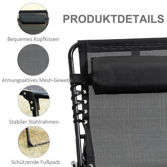 Chaise longue pliante avec coussin cervical, structure en acier, revêtement en tissu mesh, charge maximale 120 kg, noire - Image 7