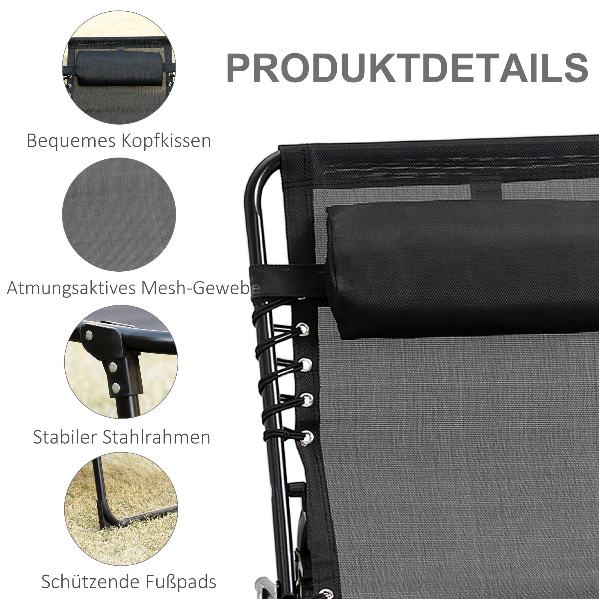 Chaise longue pliante avec coussin cervical, structure en acier, revêtement en tissu mesh, charge maximale 120 kg, noire - Image 7