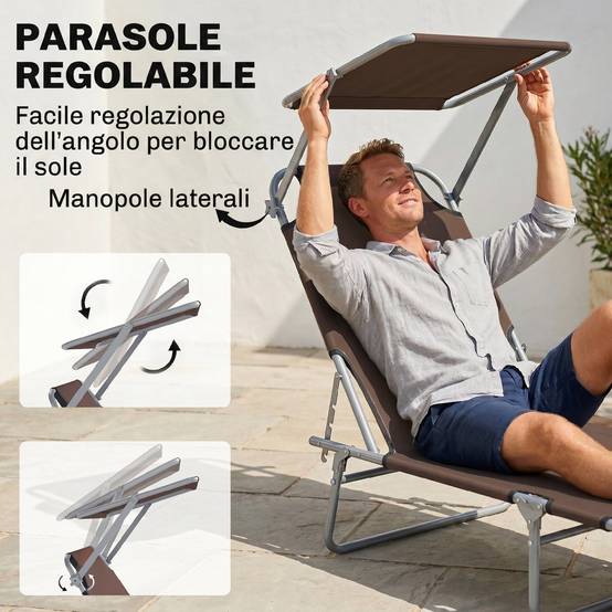 Sans Marque - Transat de jardin pliable et réglable avec auvent en tissu marron, 187 x 58 x 50 cm - Image 5