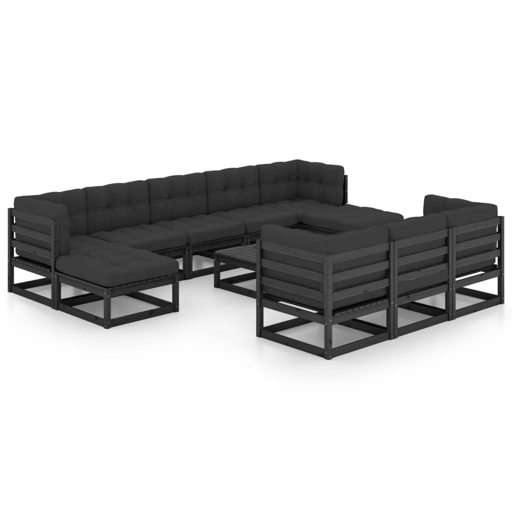 Helloshop26 - Salon de jardin meuble d'extérieur ensemble de mobilier 11 pièces avec coussins noir bois de pin massif - Image 1