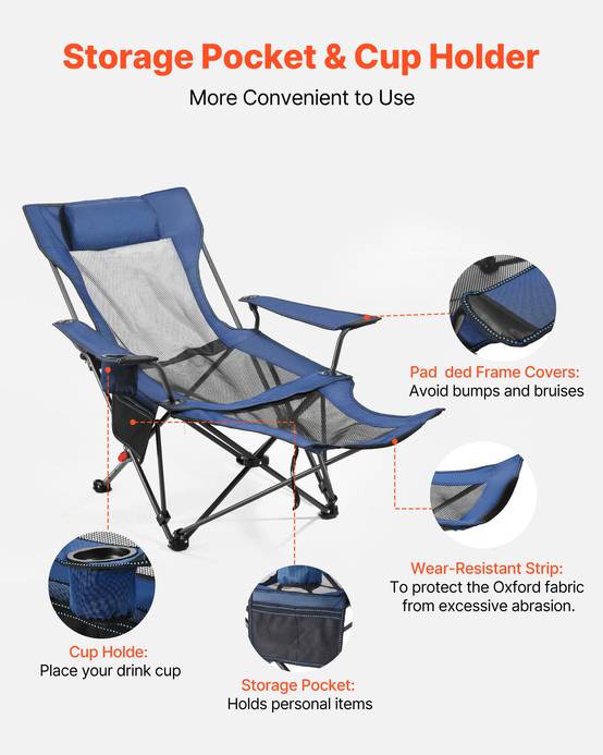 Vevor - VEVOR Chaise Camping Pliante Chaise Longue Inclinable Portable avec Coussin Bleu - Image 6