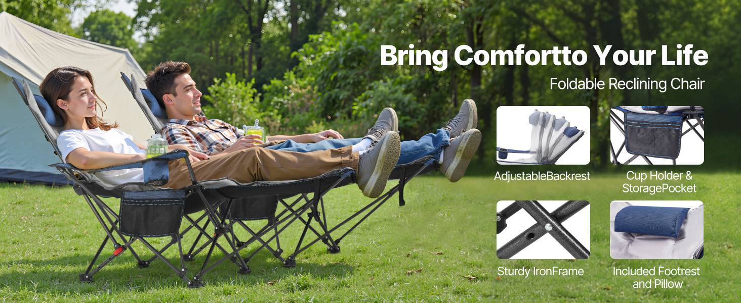 Vevor - VEVOR Chaise Camping Pliante Chaise Longue Inclinable Portable avec Coussin Bleu - Image 9