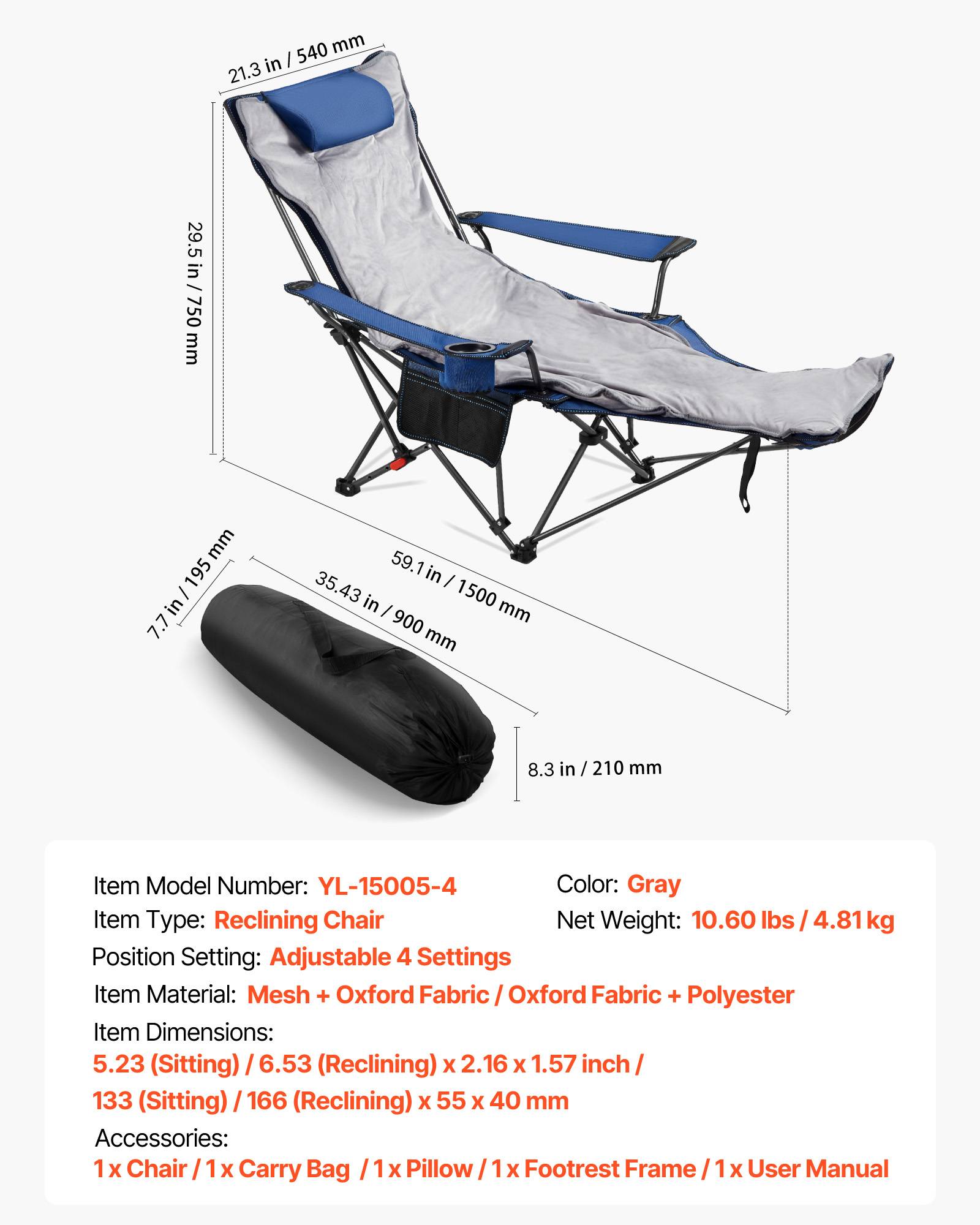 Vevor - VEVOR Chaise Camping Pliante Chaise Longue Inclinable Portable avec Coussin Bleu - Image 7