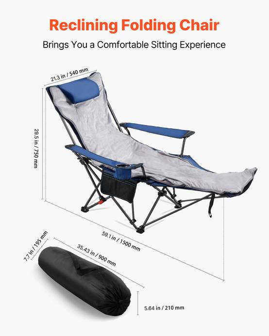 Vevor - VEVOR Chaise Camping Pliante Chaise Longue Inclinable Portable avec Coussin Bleu - Image 2