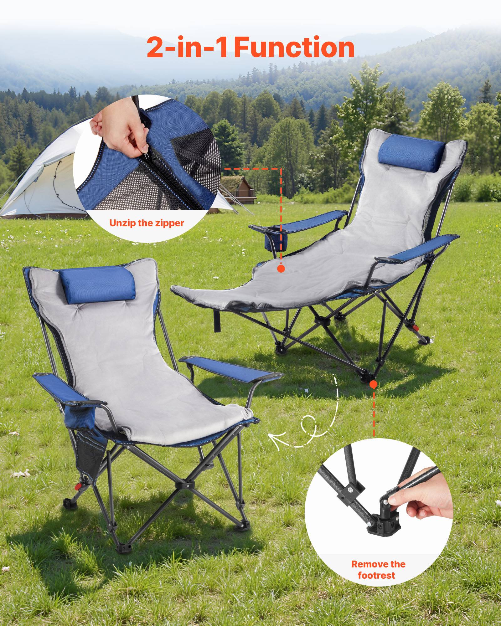 Vevor - VEVOR Chaise Camping Pliante Chaise Longue Inclinable Portable avec Coussin Bleu - Image 5