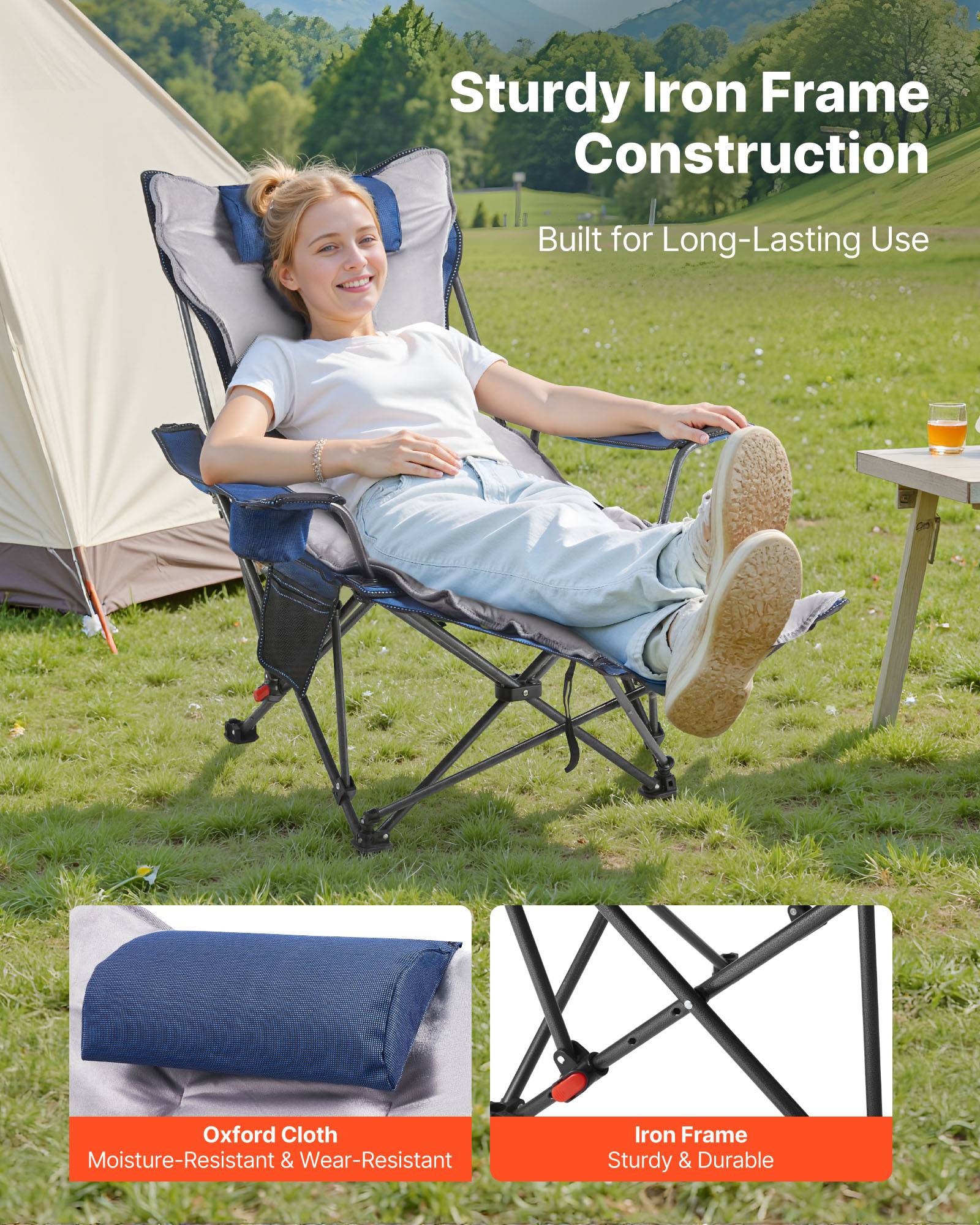 Vevor - VEVOR Chaise Camping Pliante Chaise Longue Inclinable Portable avec Coussin Bleu - Image 3