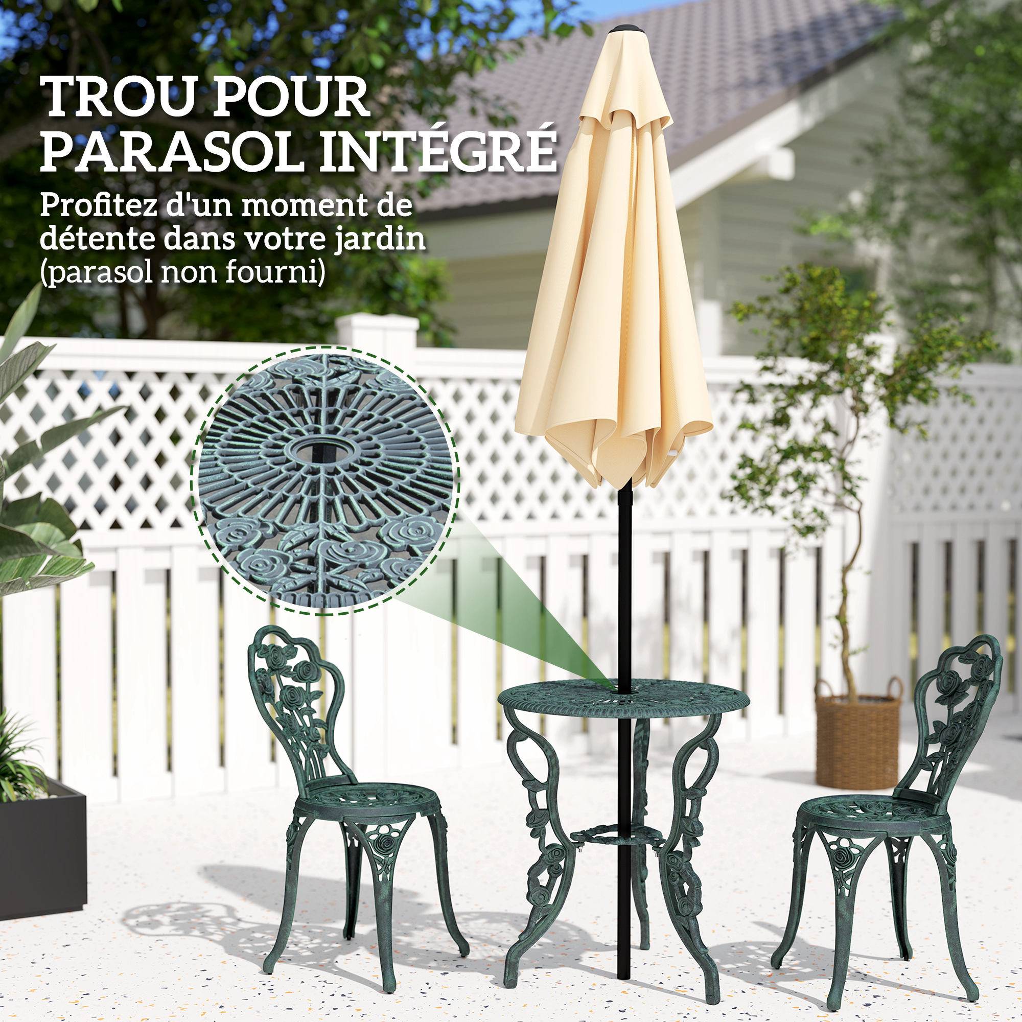 Ensemble Salon de Jardin 2 Places 2 chaises + Table Ronde Style néo-rétro Motif Rose Lignes fuselées Fonte - Image 6