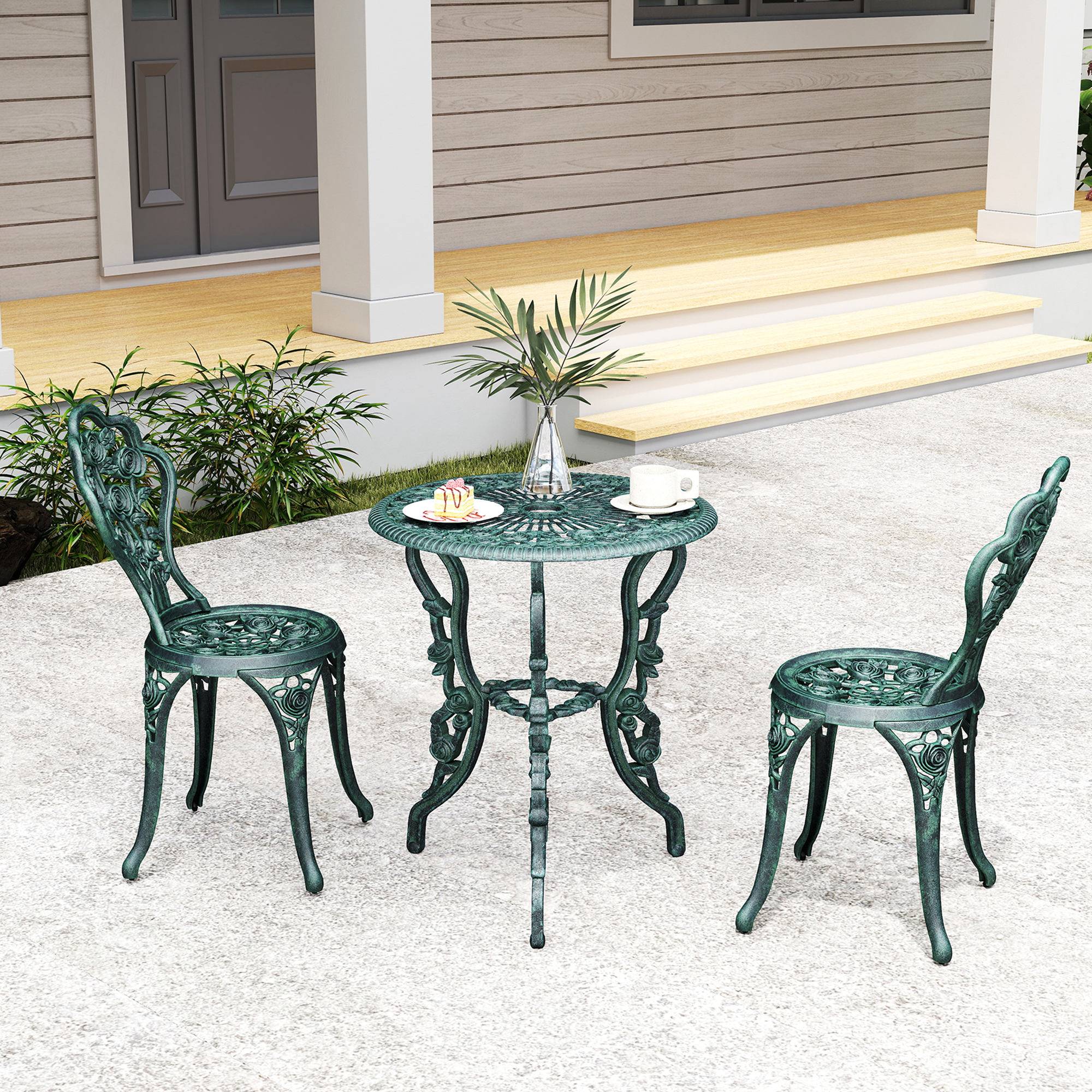 Ensemble Salon de Jardin 2 Places 2 chaises + Table Ronde Style néo-rétro Motif Rose Lignes fuselées Fonte - Image 10