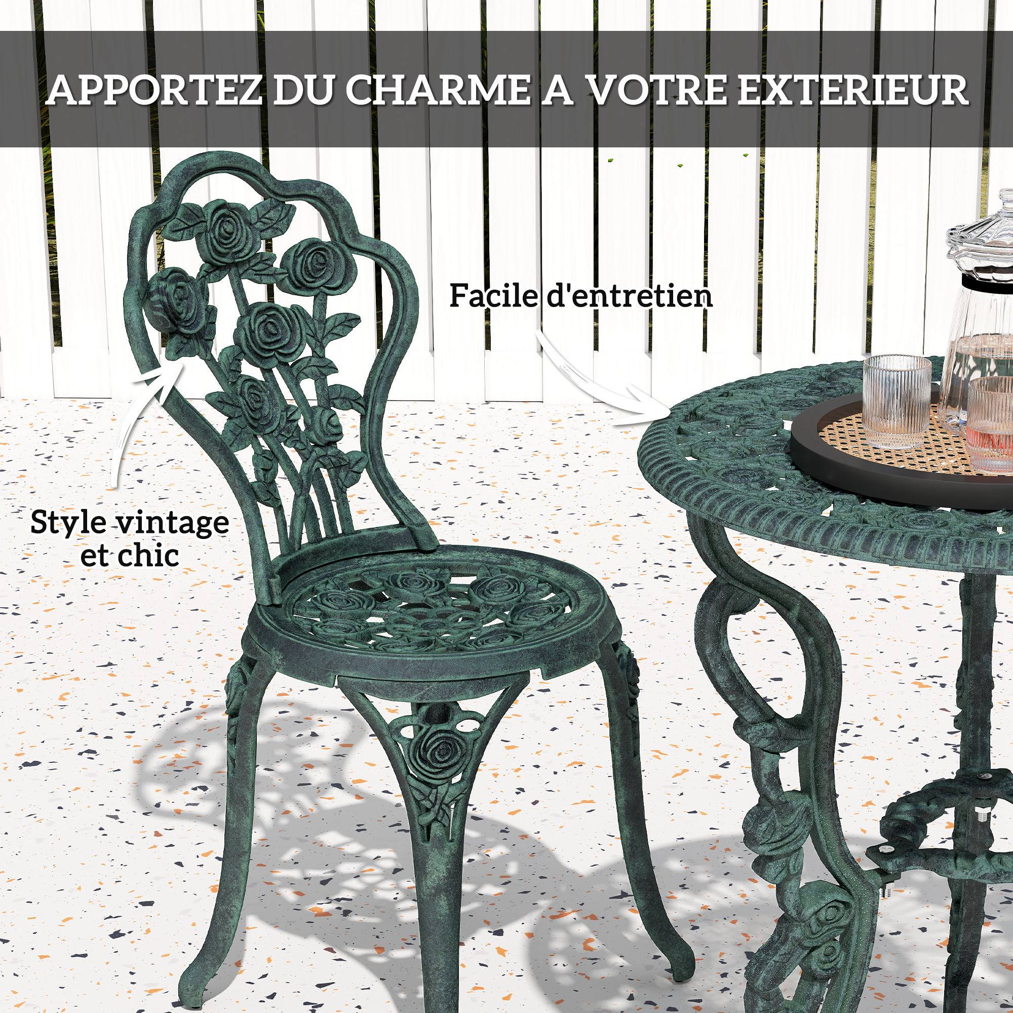 Ensemble Salon de Jardin 2 Places 2 chaises + Table Ronde Style néo-rétro Motif Rose Lignes fuselées Fonte - Image 7