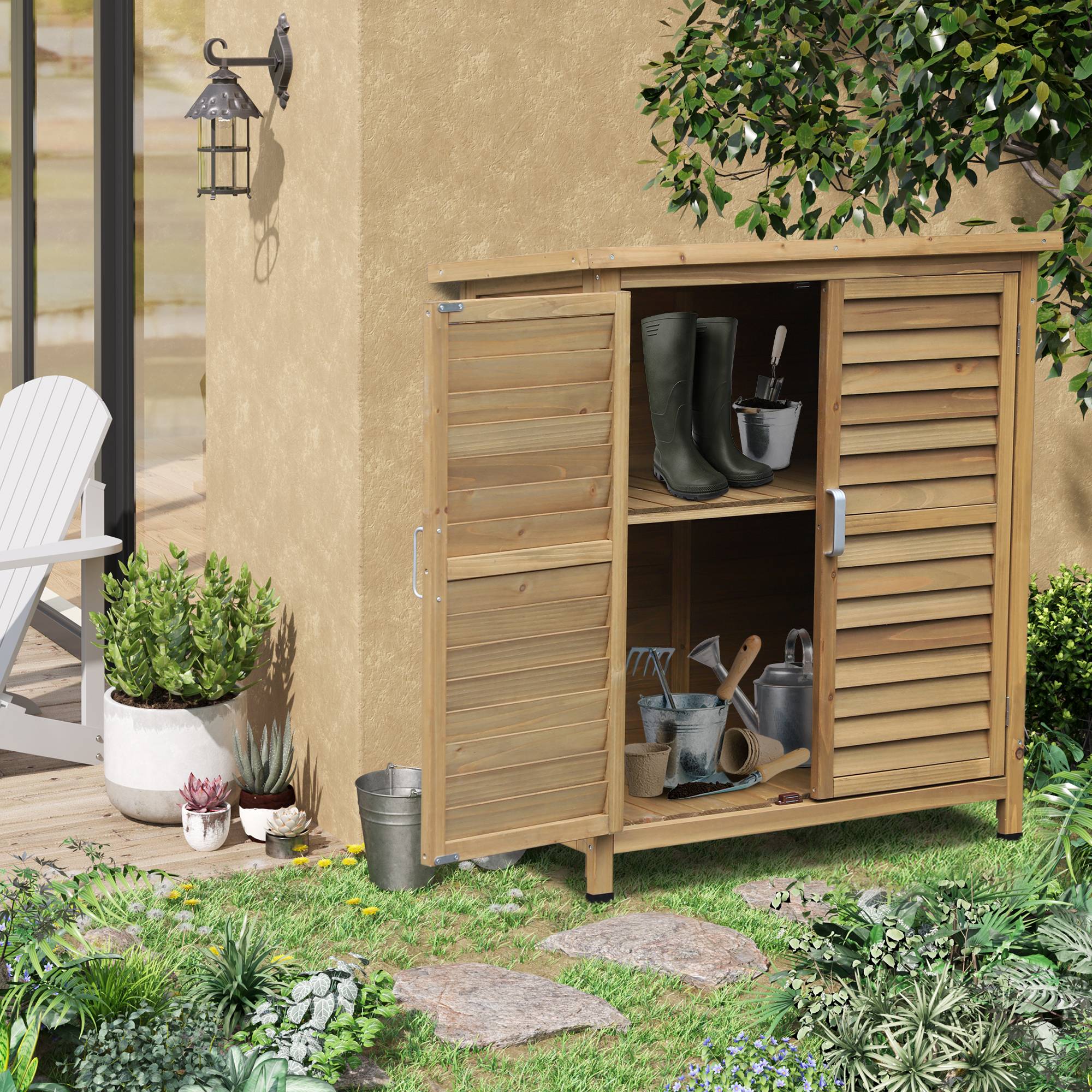 Outsunny - Armoire de jardin sur pied dim. 87x46x96cm portes persiennes toit bitumé bois sapin autoclave vert - Outsunny - Image 2