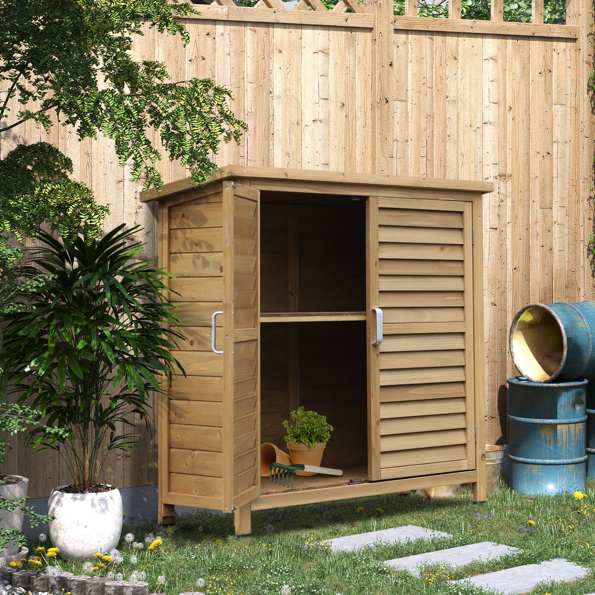Outsunny - Armoire de jardin sur pied dim. 87x46x96cm portes persiennes toit bitumé bois sapin autoclave vert - Outsunny - Image 4