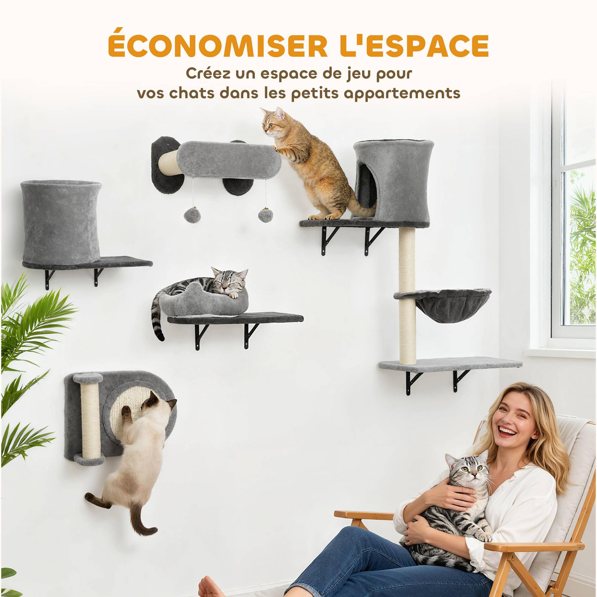 Sans Marque - Étagères murales pour chat arbre à chat mural 5 pièces 2 niches hamac plateformes griffoirs en sisal gris - Image 7