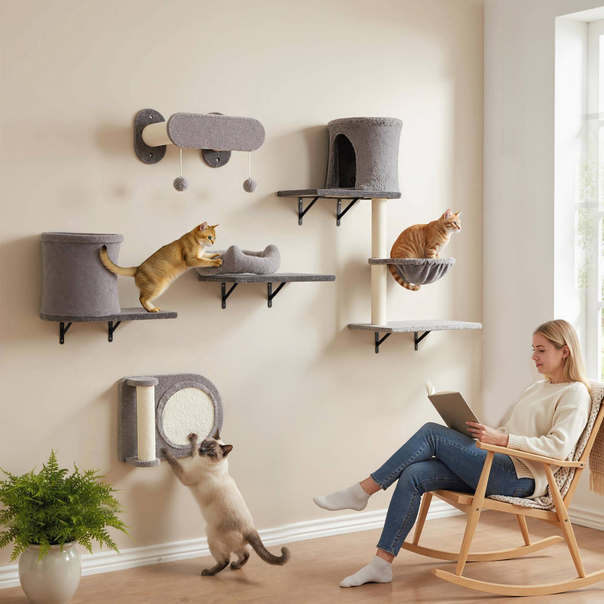 Sans Marque - Étagères murales pour chat arbre à chat mural 5 pièces 2 niches hamac plateformes griffoirs en sisal gris - Image 4