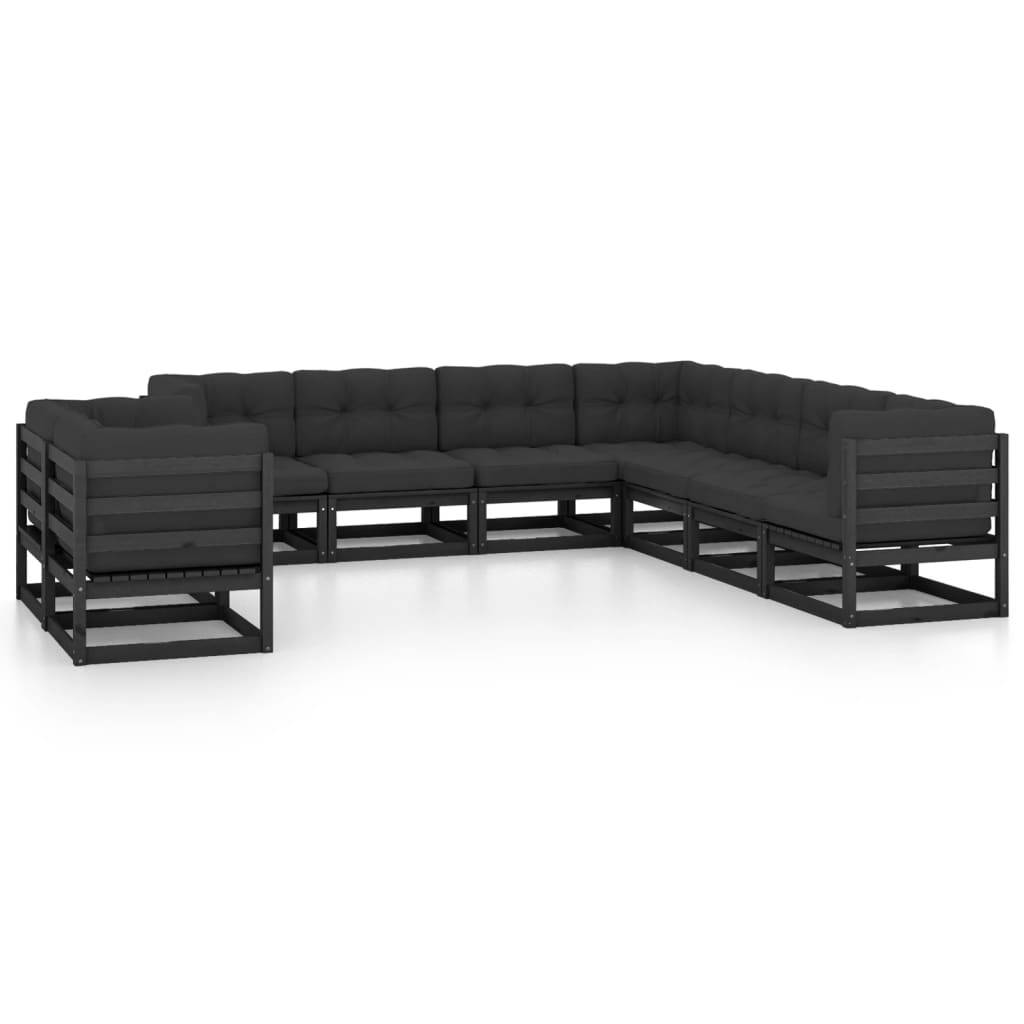Helloshop26 - Salon de jardin meuble d'extérieur ensemble de mobilier 9 pièces avec coussins noir bois de pin massif - Image 1