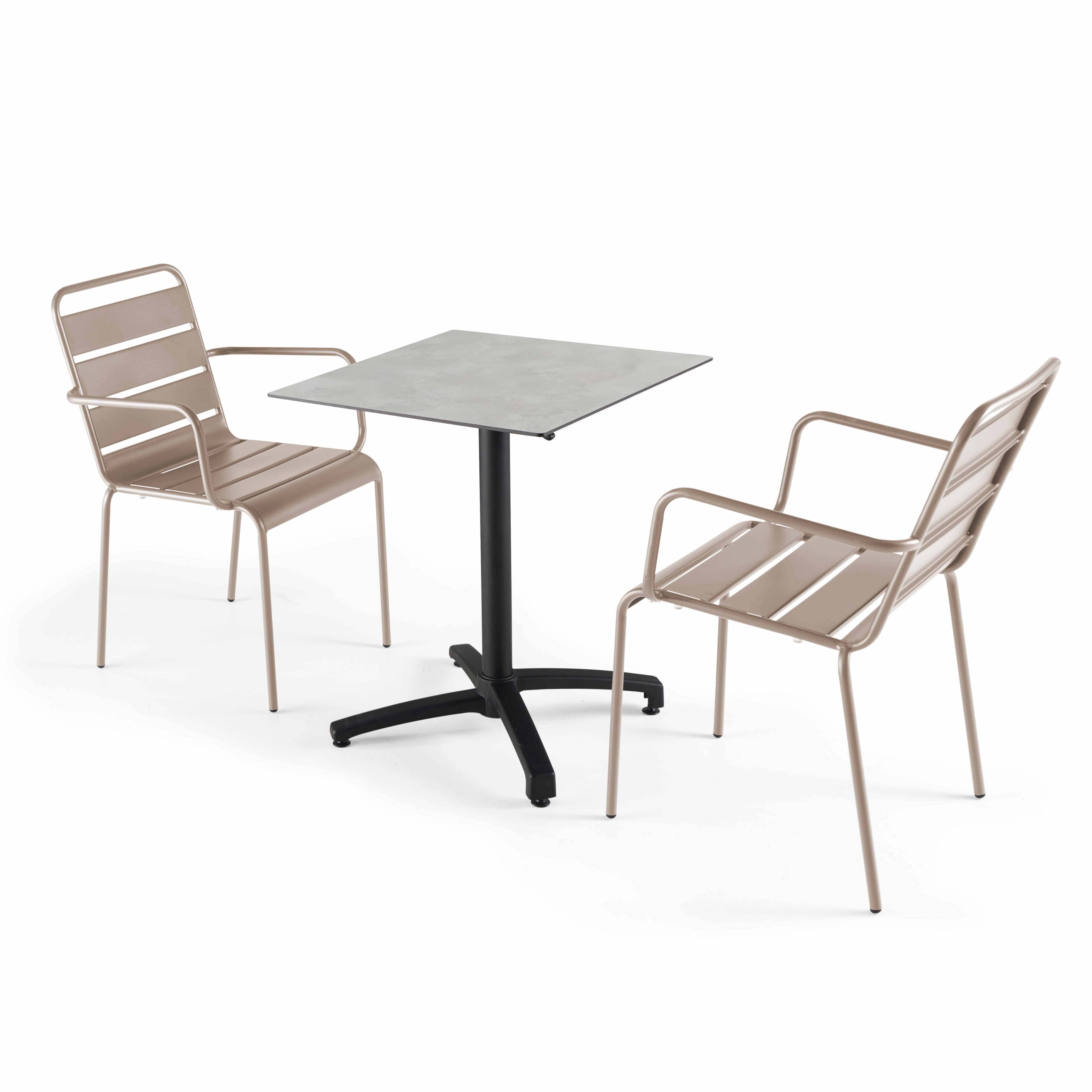 Oviala - Ensemble table 60 cm gris clair et 2 fauteuils en métal taupe - Oviala - Image 1